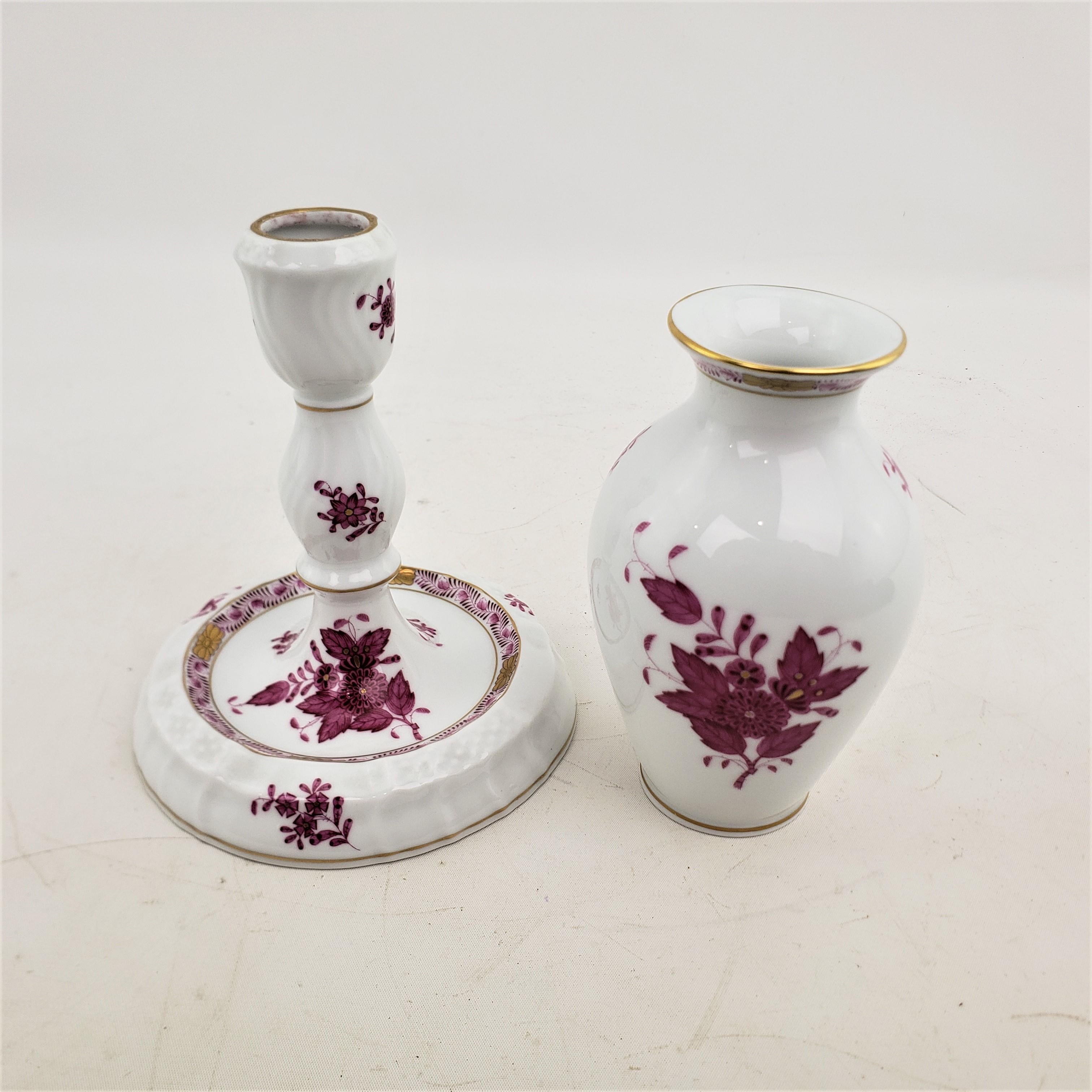 Herend Porcelain Raspberry Chinese Bouquet Candlestick & Vase Pairing For Sale 2