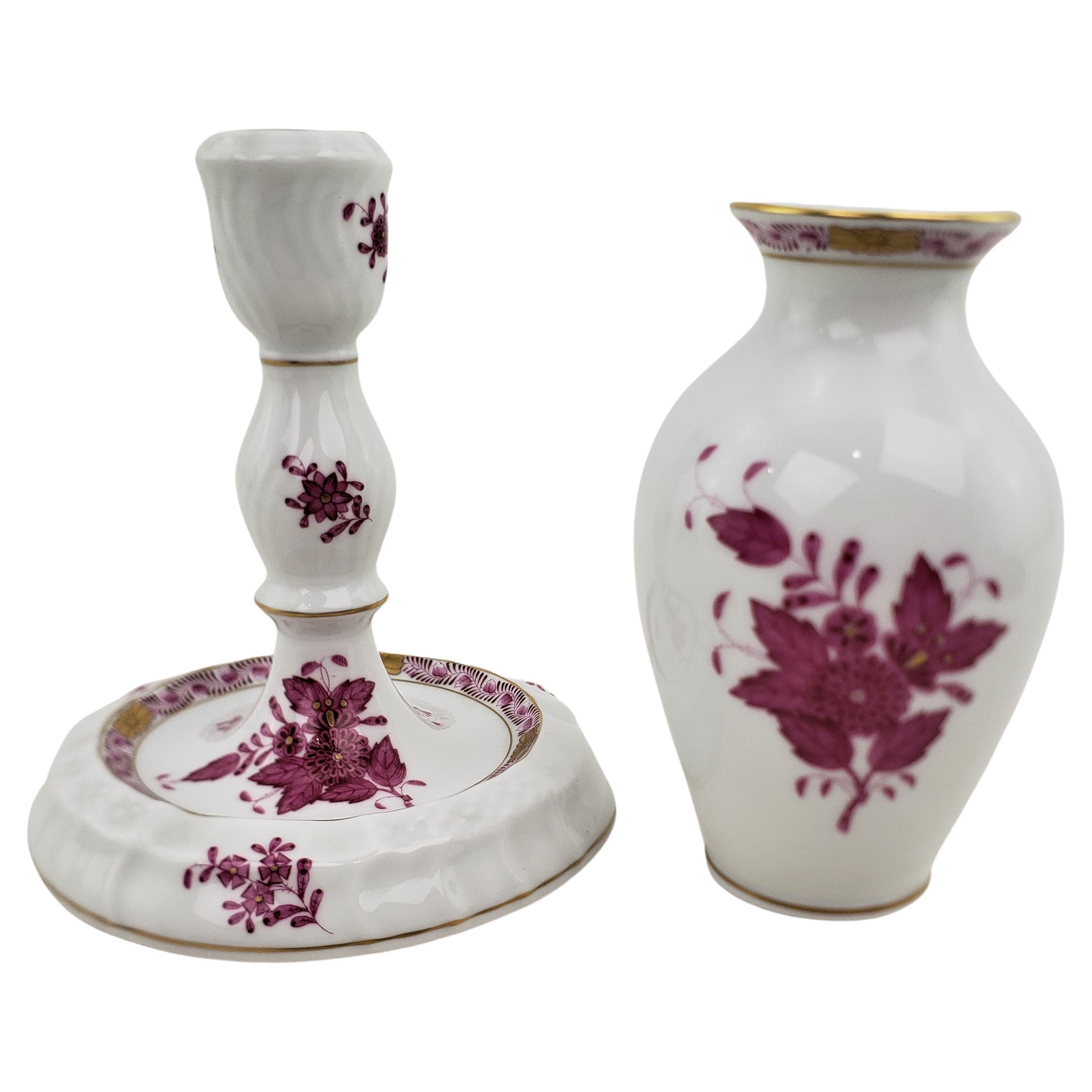 Herend Porcelain Raspberry Chinese Bouquet Candlestick & Vase Pairing