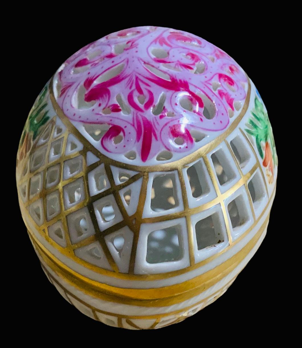 Hand-Painted Herend Porcelain Reticulated Potpourri / Bombonniere Lidded Egg Shaped Box