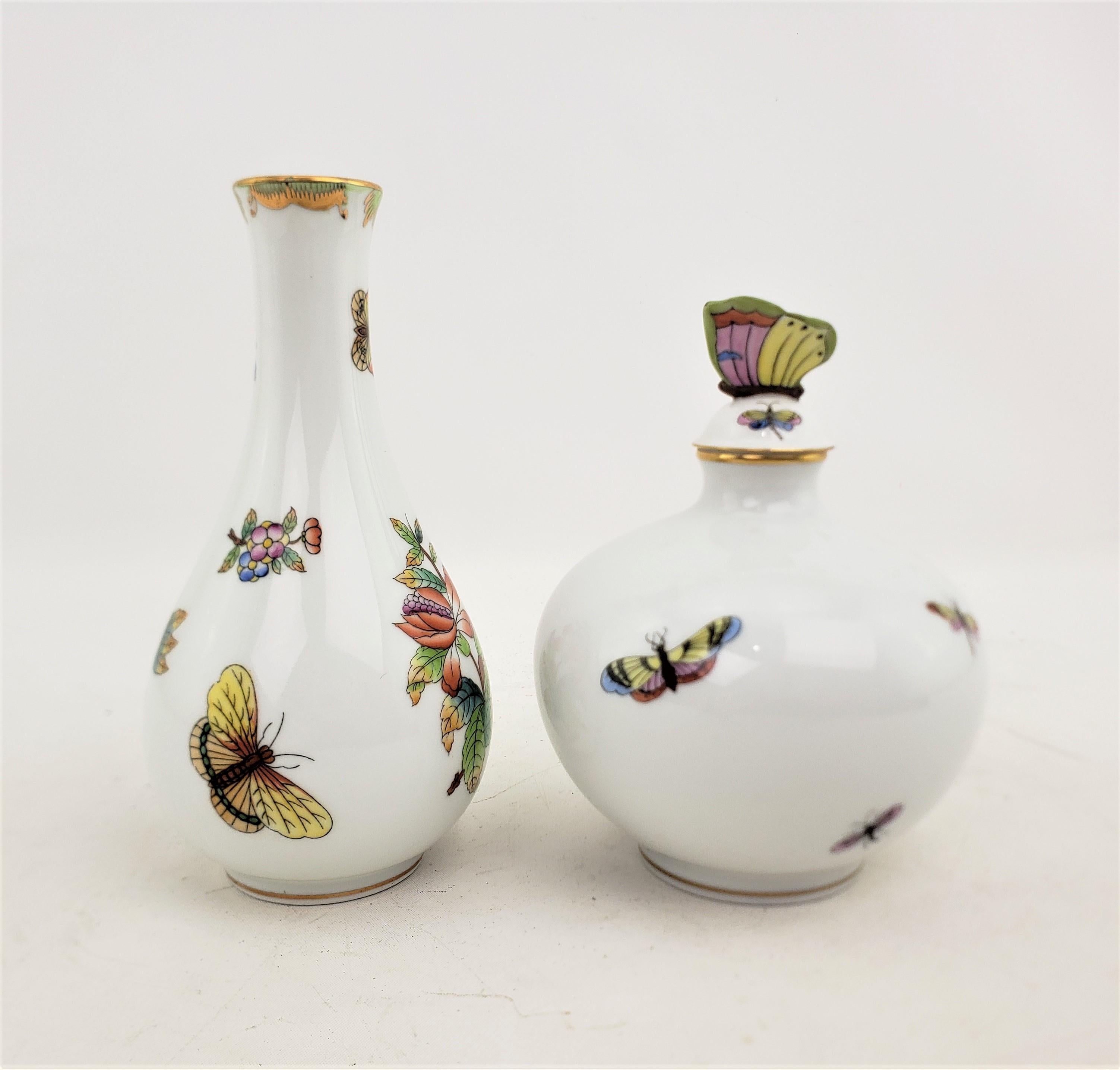 Hand-Painted Herend Porcelain Rothschild Birds Perfume Bottle & Queen Victoria Vase Pairing For Sale