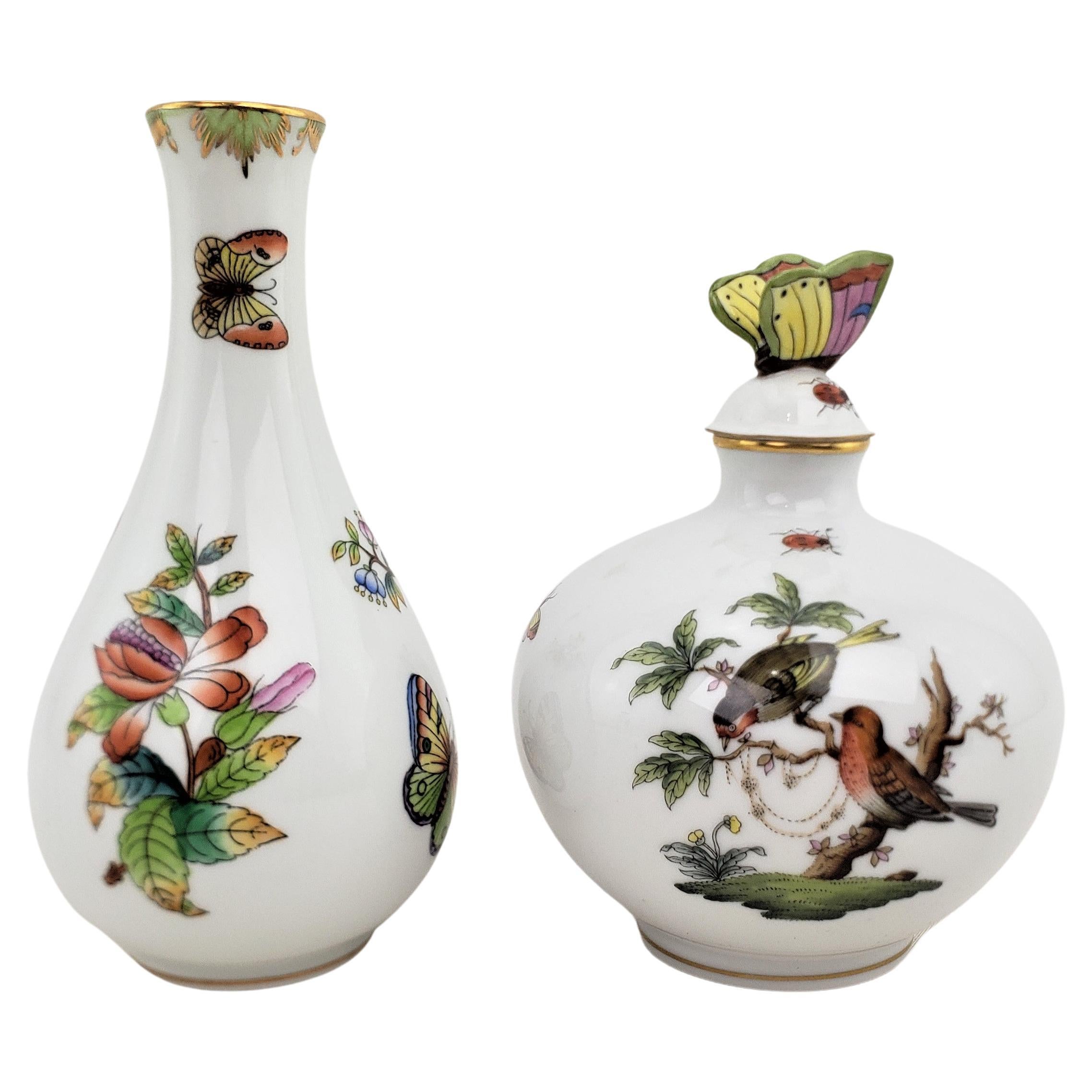 Herend Porcelain Rothschild Birds Perfume Bottle & Queen Victoria Vase Pairing