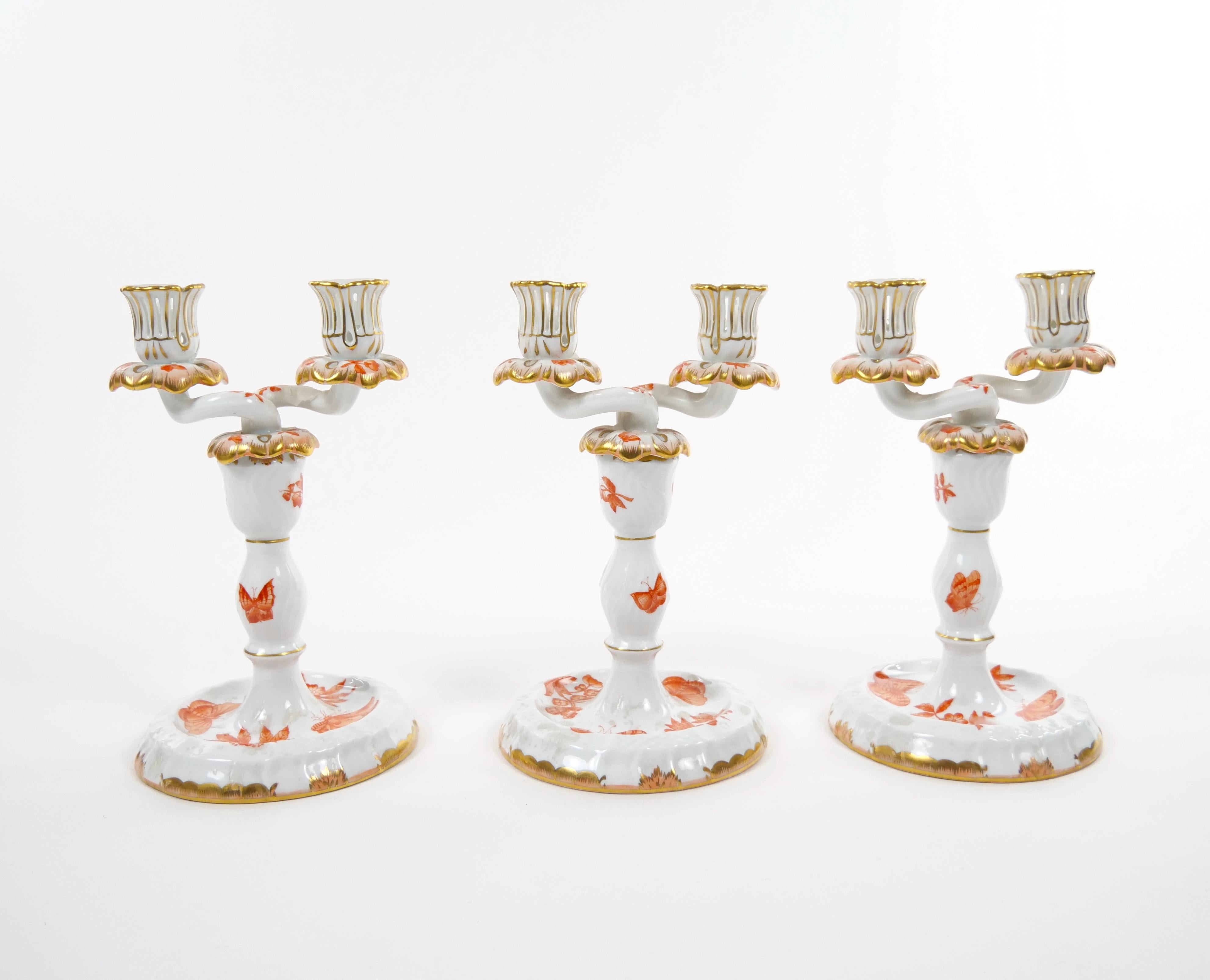 Gilt Herend Porcelain Tableware Two Light Candelabras Set Of Three For Sale