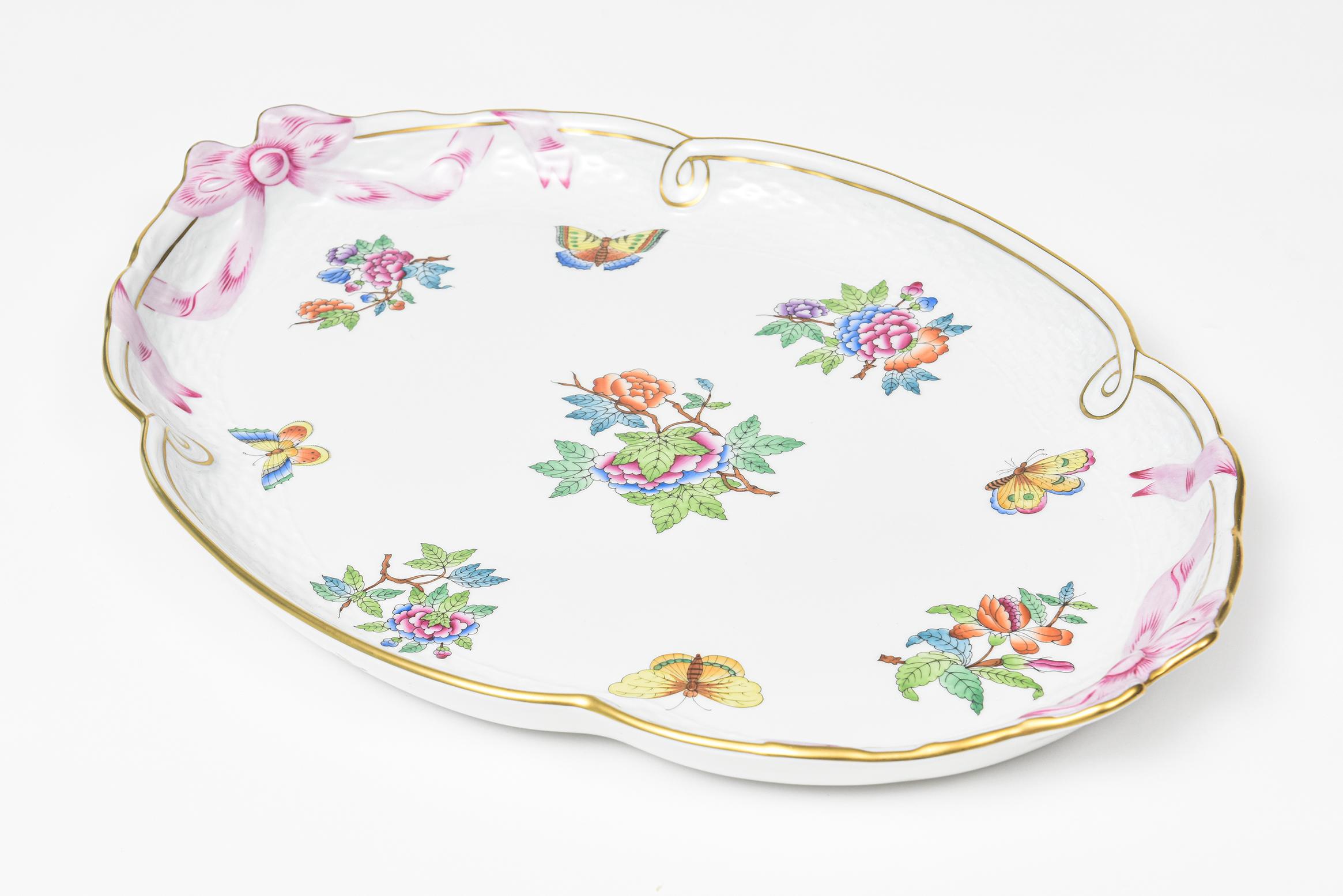 Hungarian Herend Queen Victoria Older Oval Tray with Bows Flowers and Butterflies For Sale