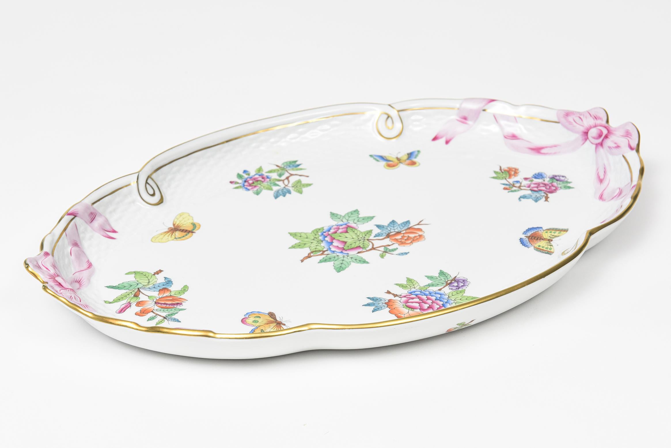 20th Century Herend Queen Victoria Older Oval Tray with Bows Flowers and Butterflies For Sale