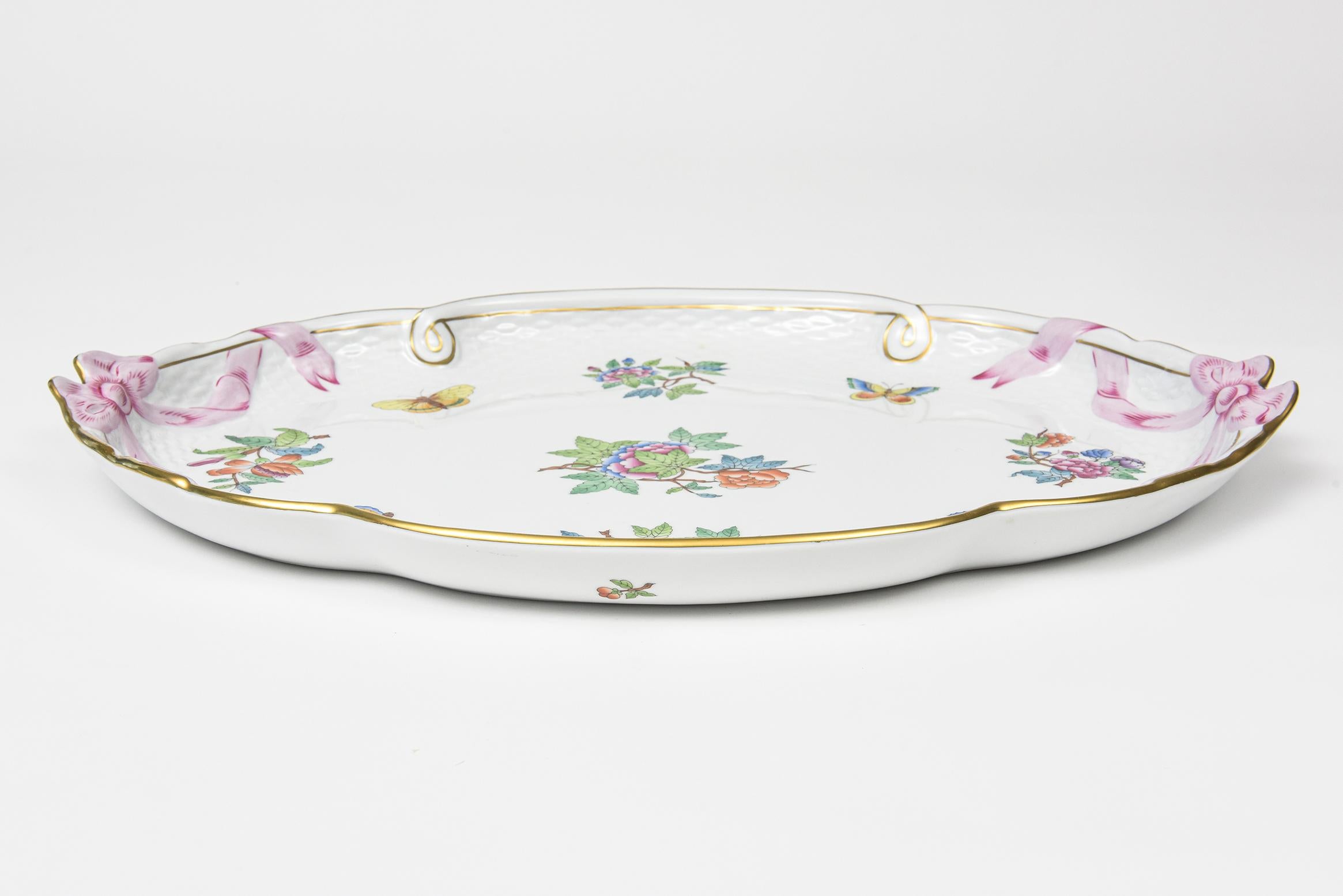 Herend Queen Victoria Older Oval Tray with Bows Flowers and Butterflies For Sale 1