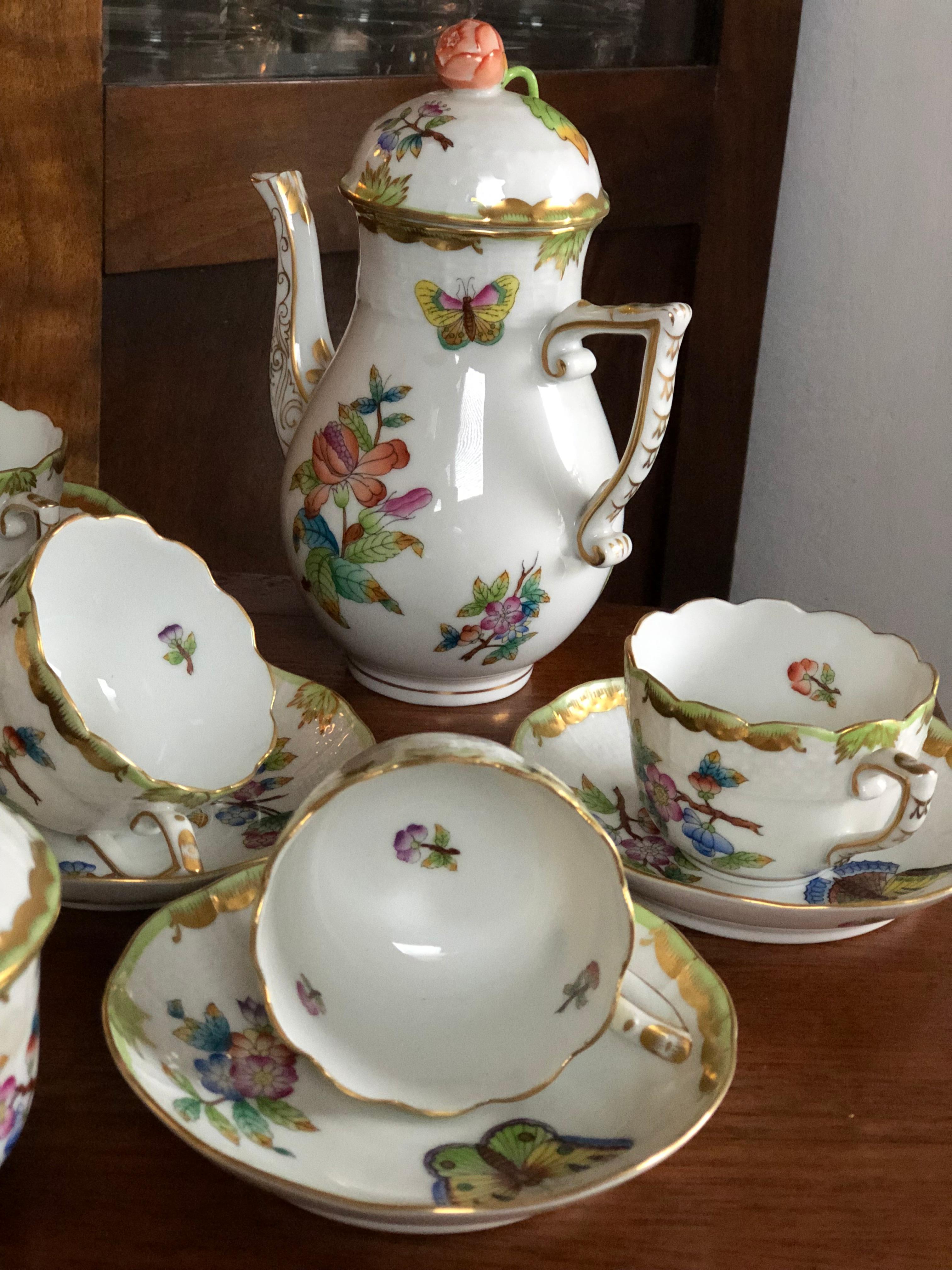Hungarian Herend Queen Victoria Porcelain Coffee or Tea Set for Six Persons