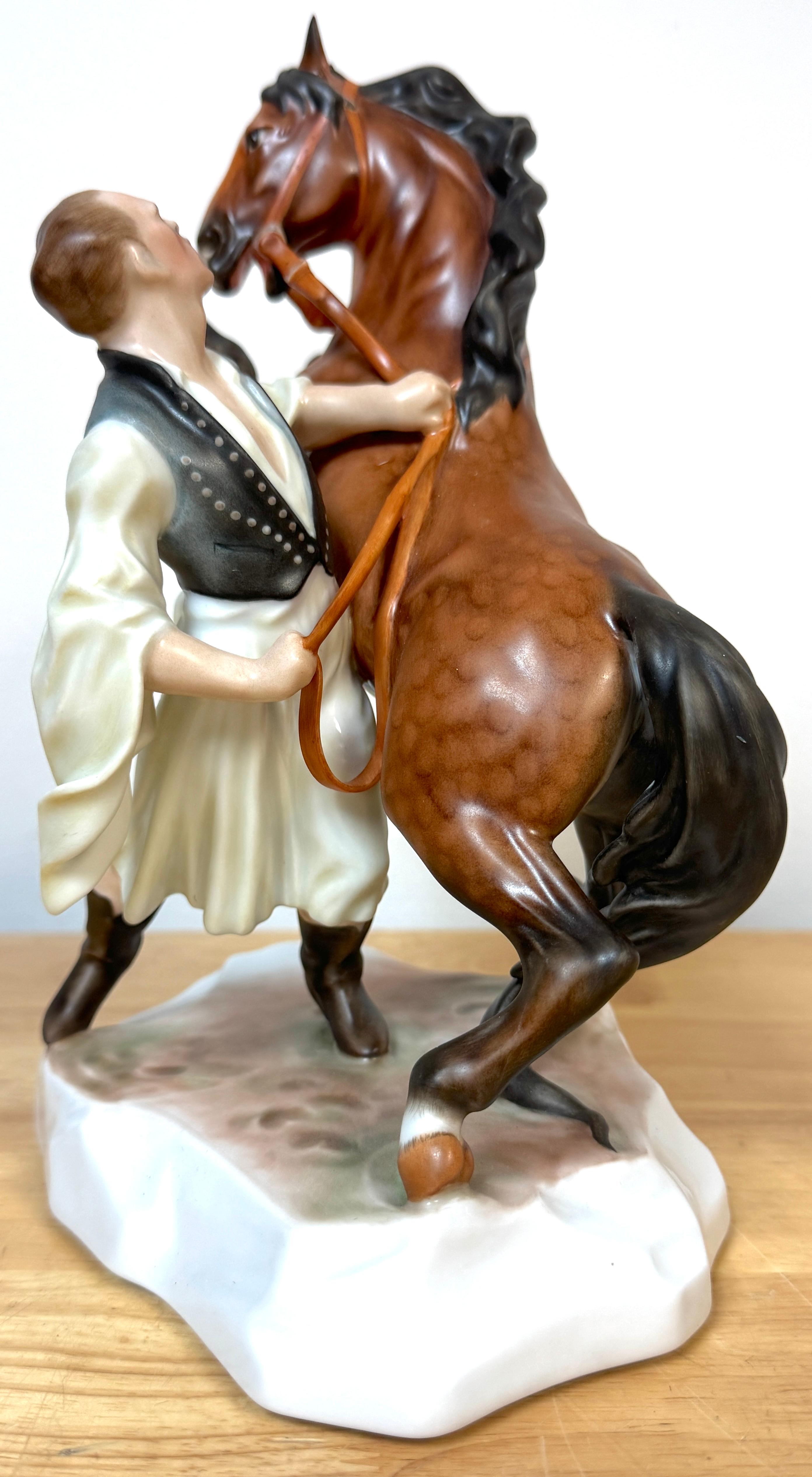 Hungarian Herend Rearing Horse and Handler, Signed Horváth Attila, Hungary For Sale