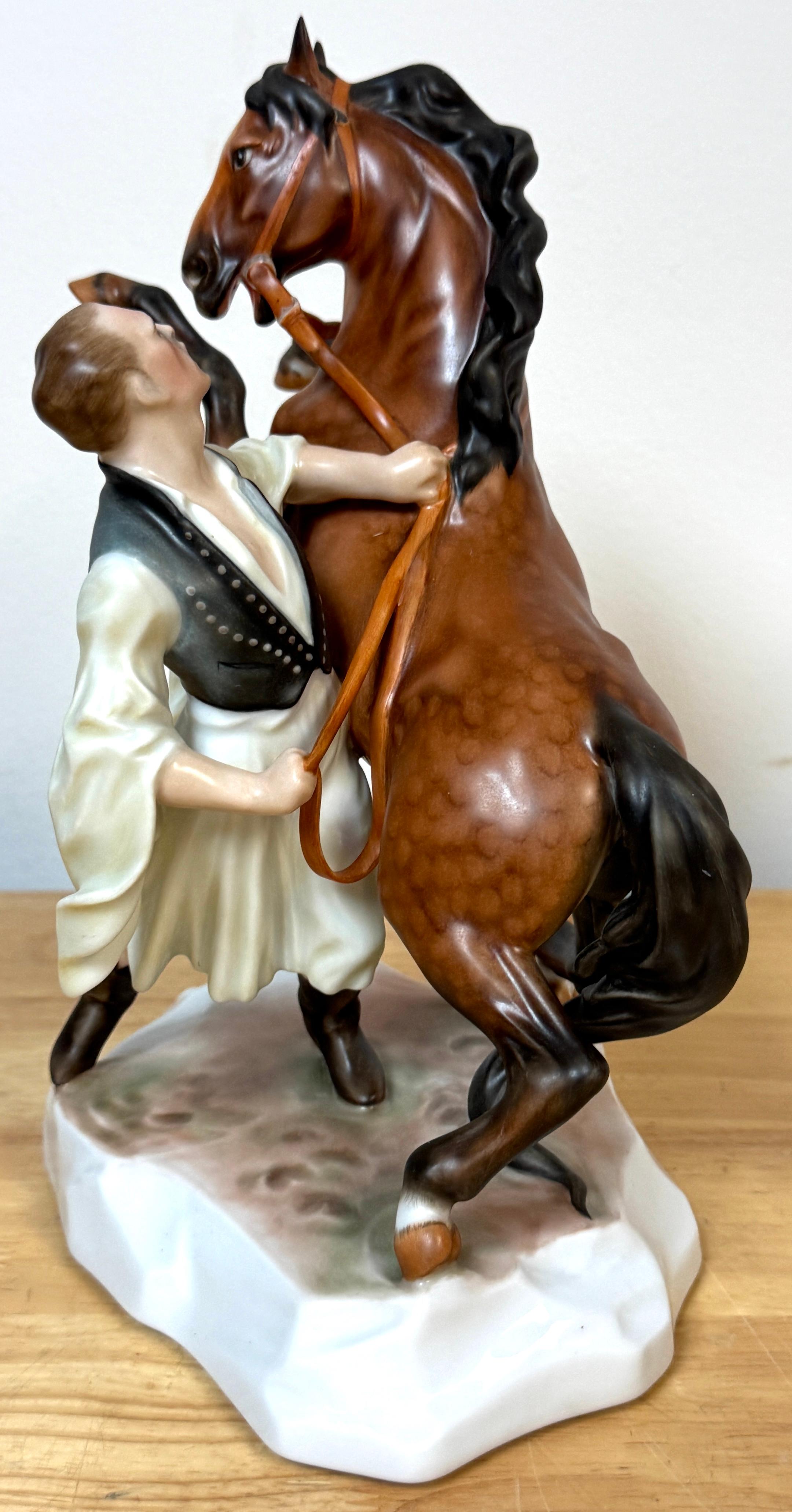 Hand-Painted Herend Rearing Horse and Handler, Signed Horváth Attila, Hungary For Sale