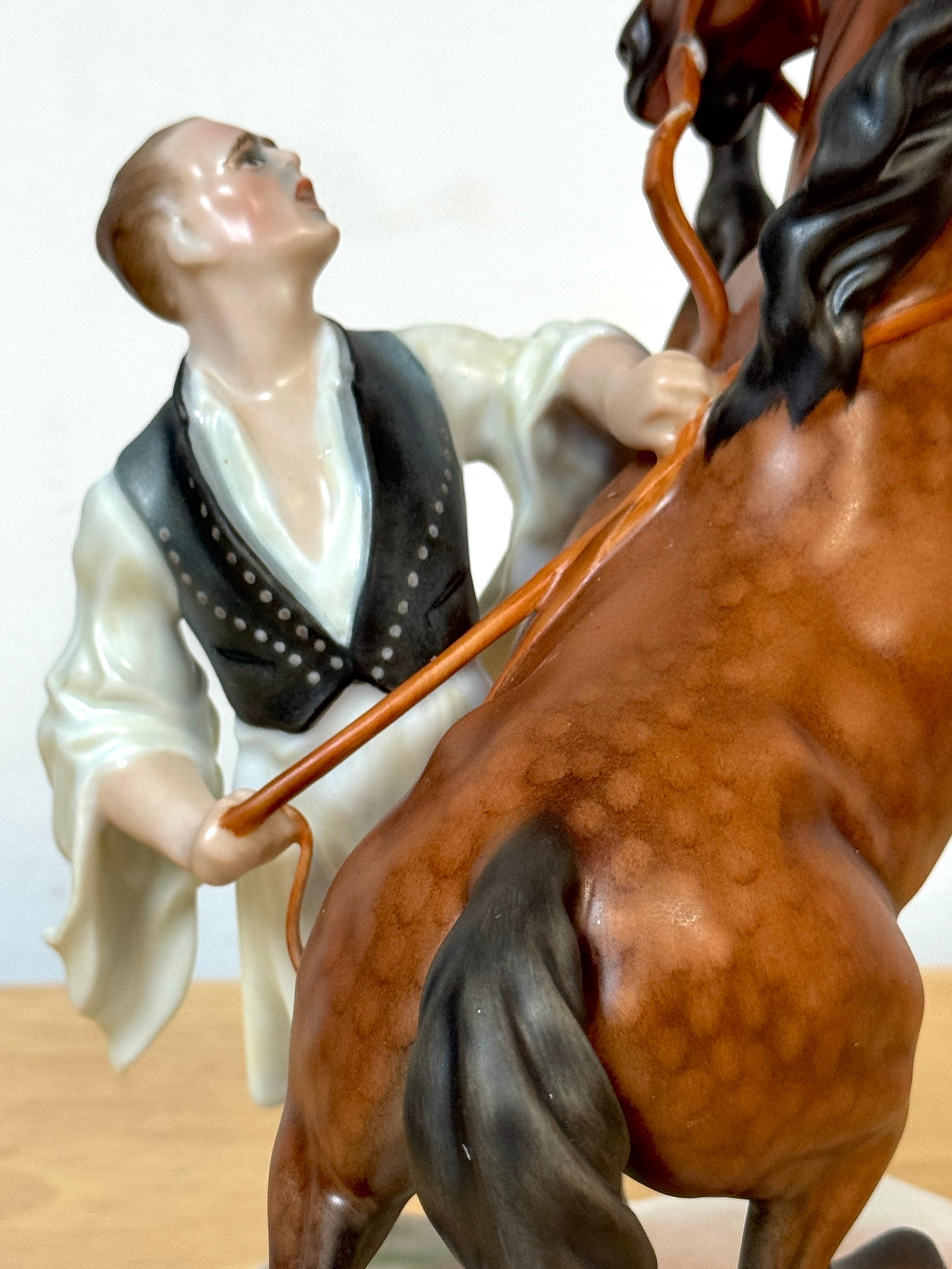 Herend Rearing Horse and Handler, Signed Horváth Attila, Hungary In Good Condition For Sale In West Palm Beach, FL