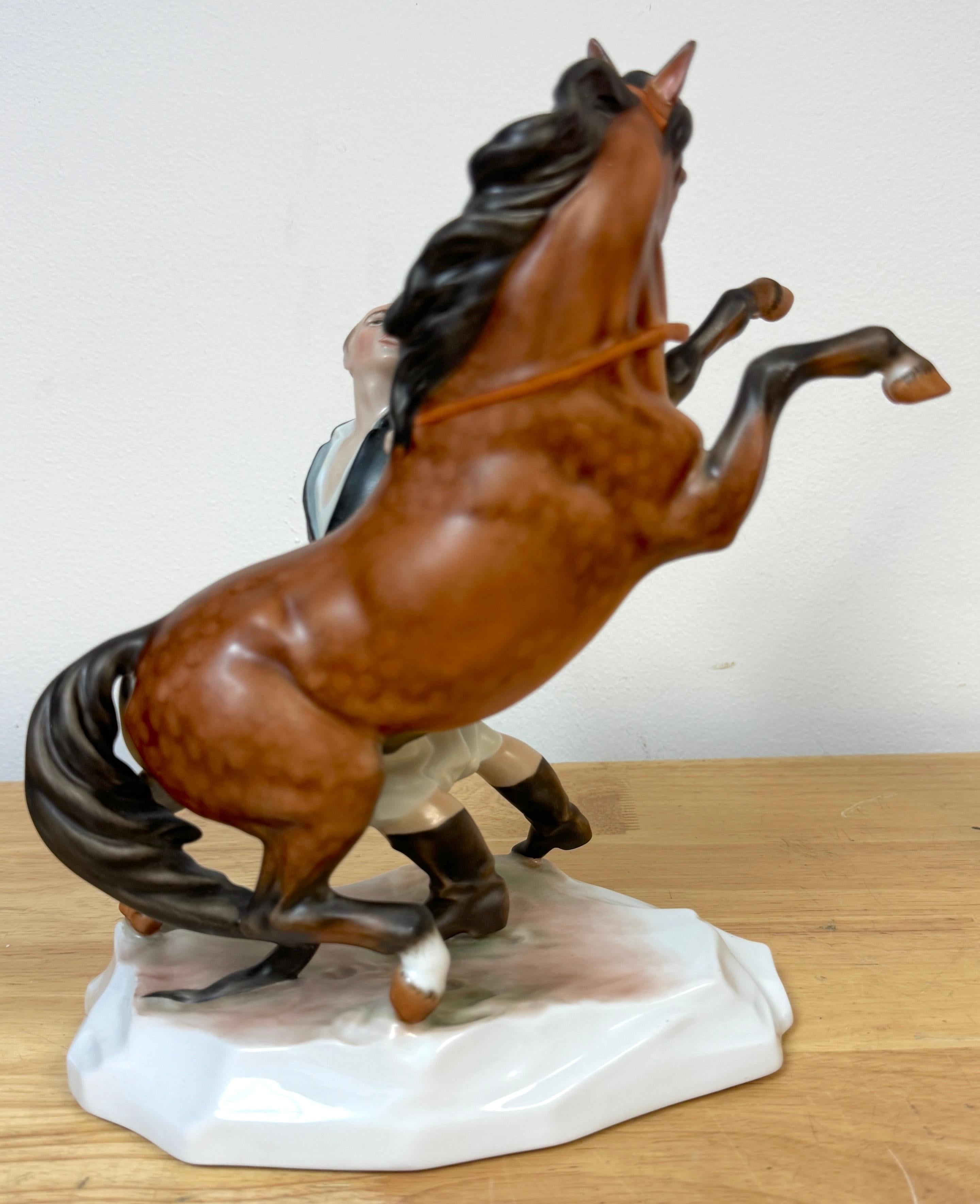 20th Century Herend Rearing Horse and Handler, Signed Horváth Attila, Hungary For Sale