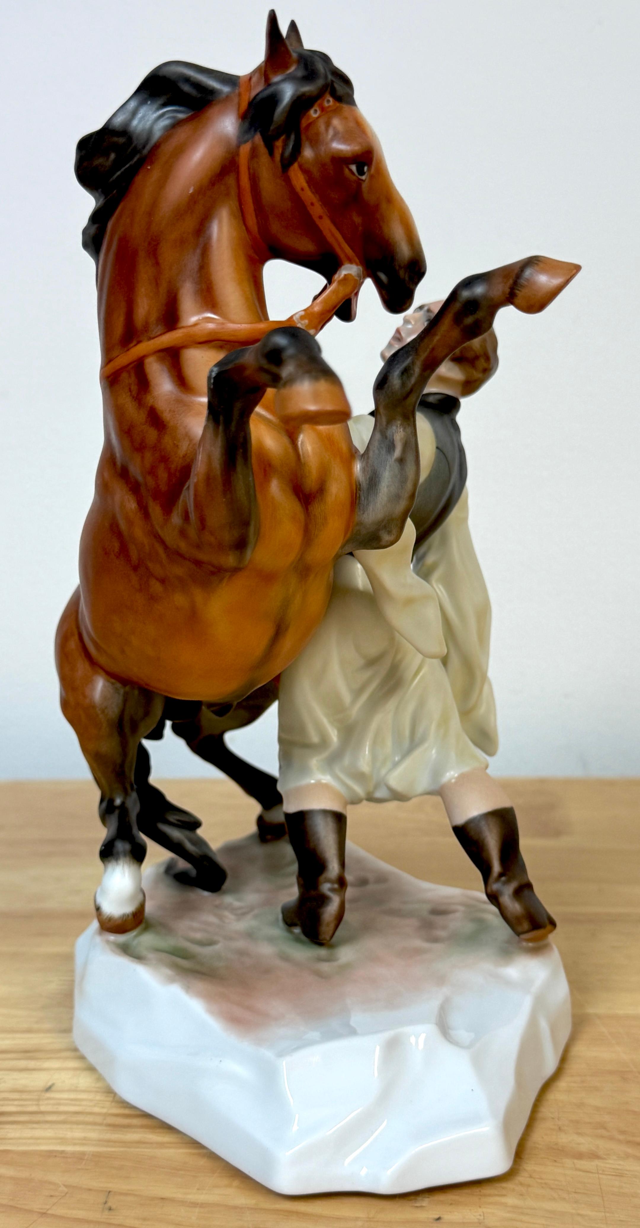 Porcelain Herend Rearing Horse and Handler, Signed Horváth Attila, Hungary For Sale