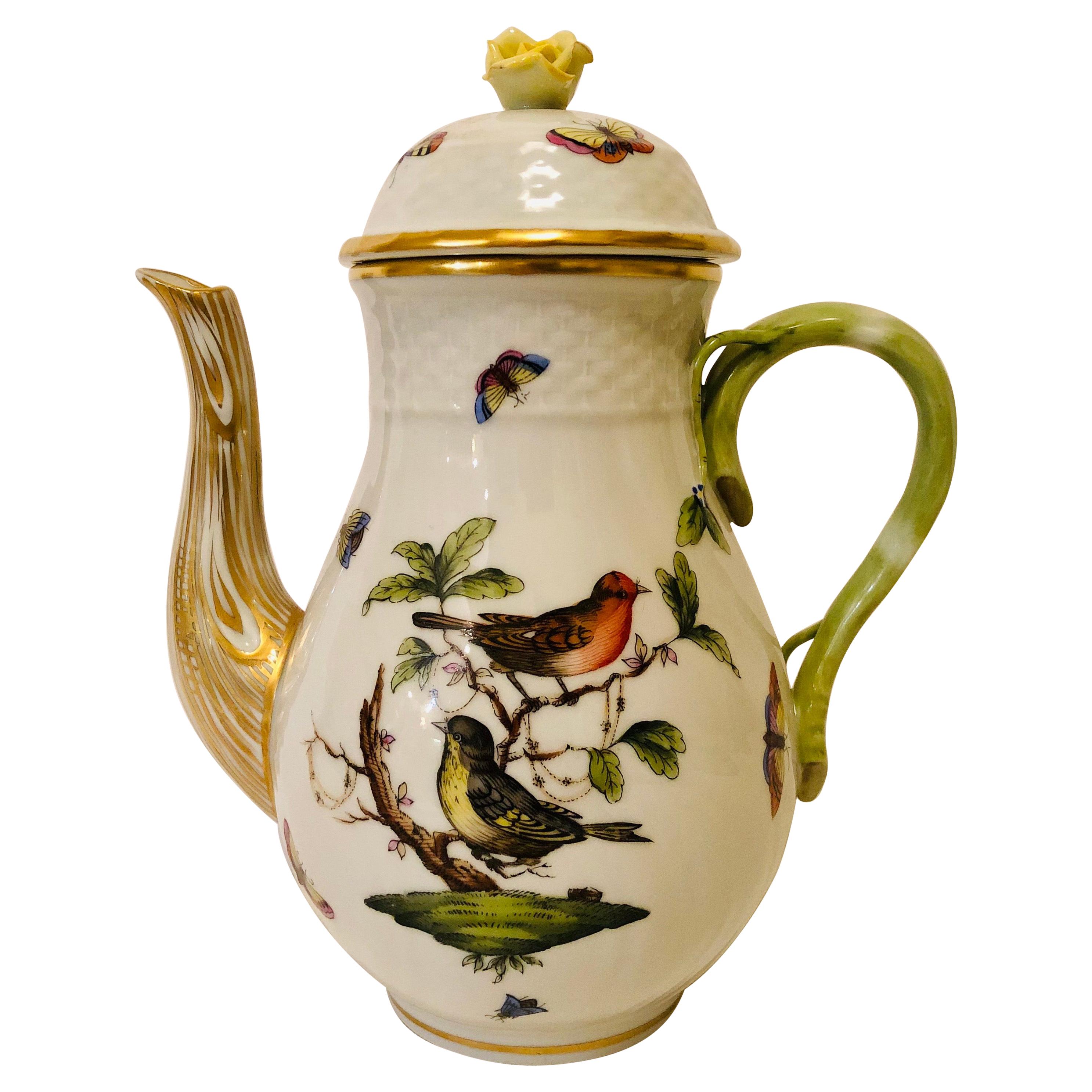 Herend Rothschild Bird Coffee Pot Hand Painted with Two Birds on Both Sides