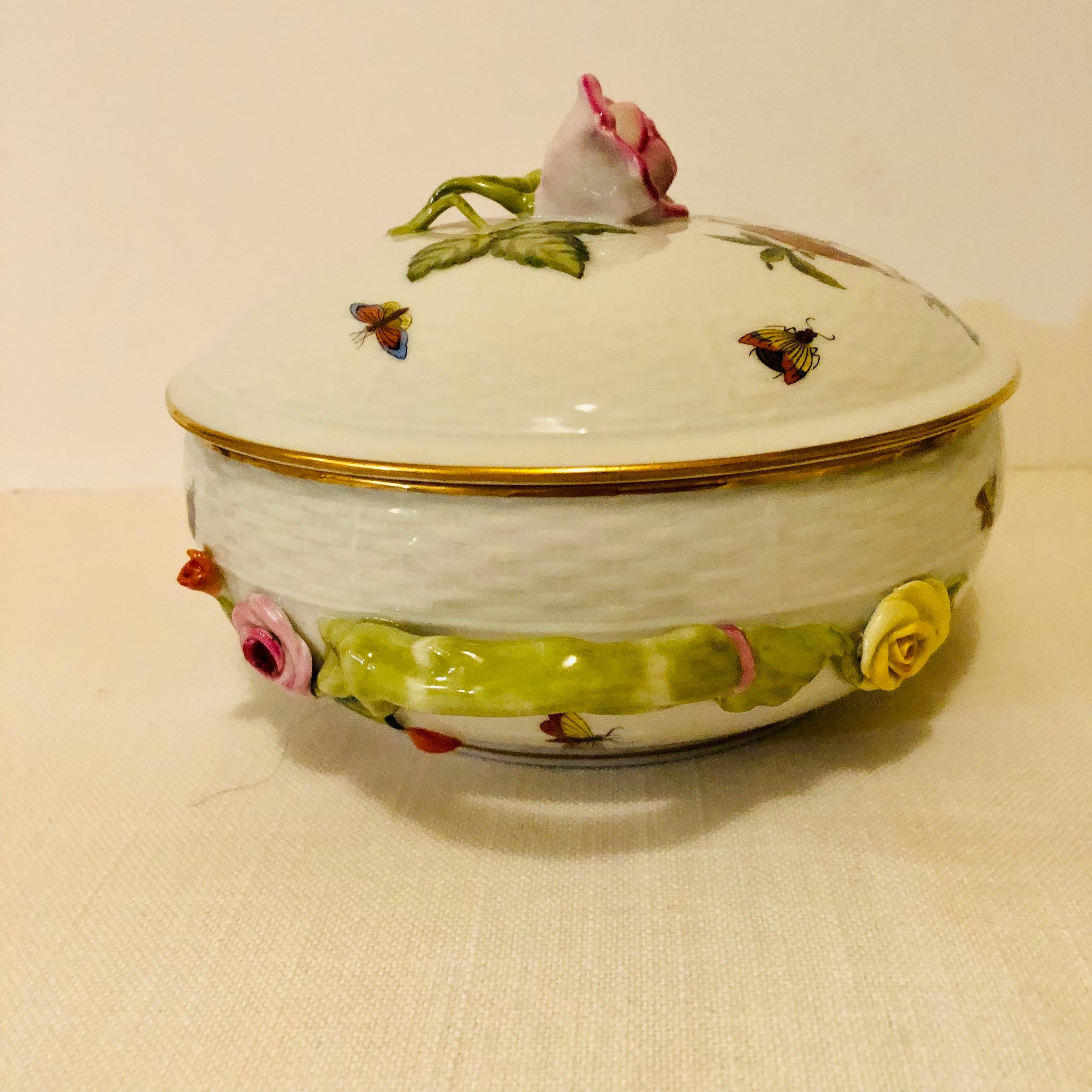 Late 20th Century Herend Rothschild Bird Covered Bowl with Raised Pink Rose and Rose Bud on Cover