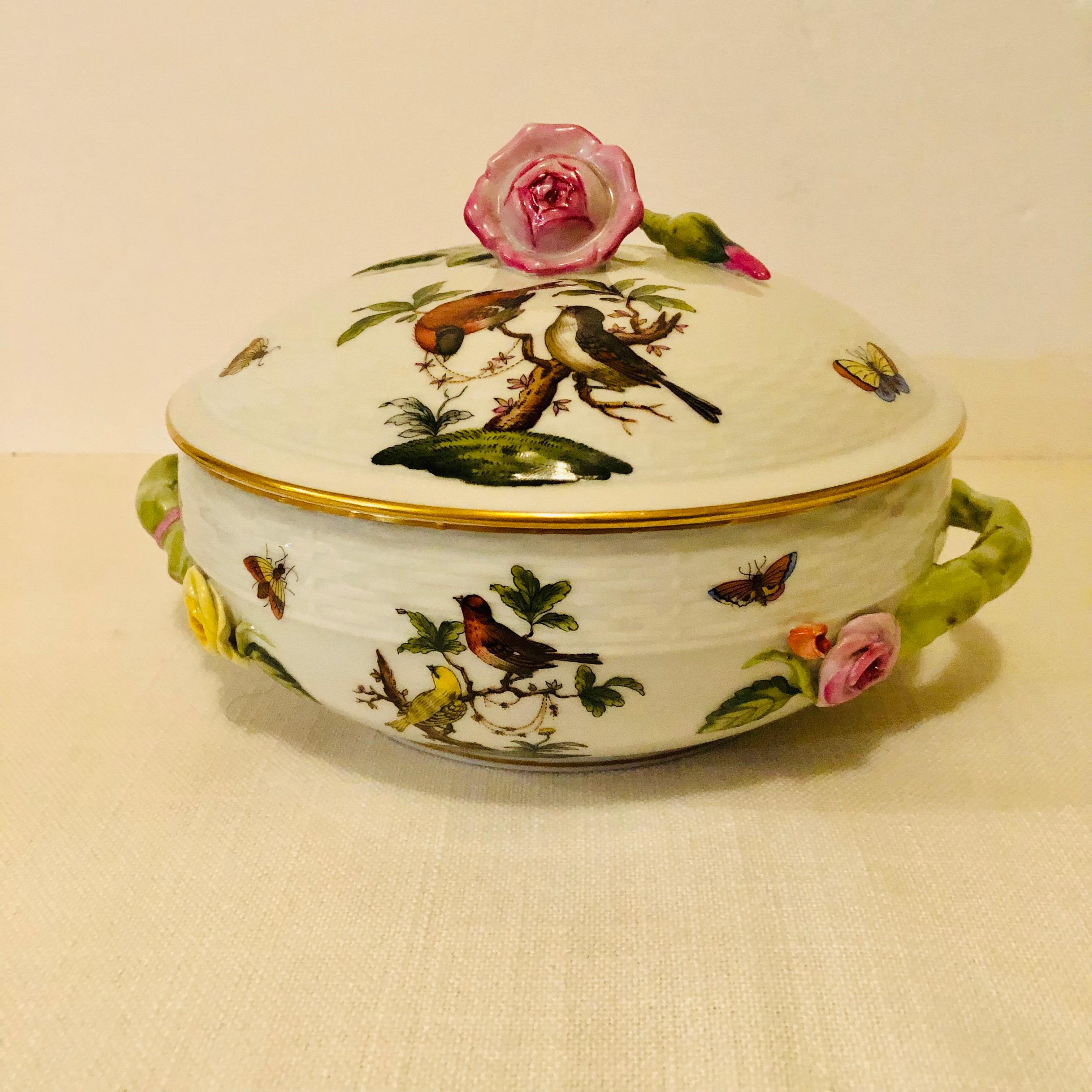 Herend Rothschild Bird Covered Bowl with Raised Pink Rose and Rose Bud on Cover 1