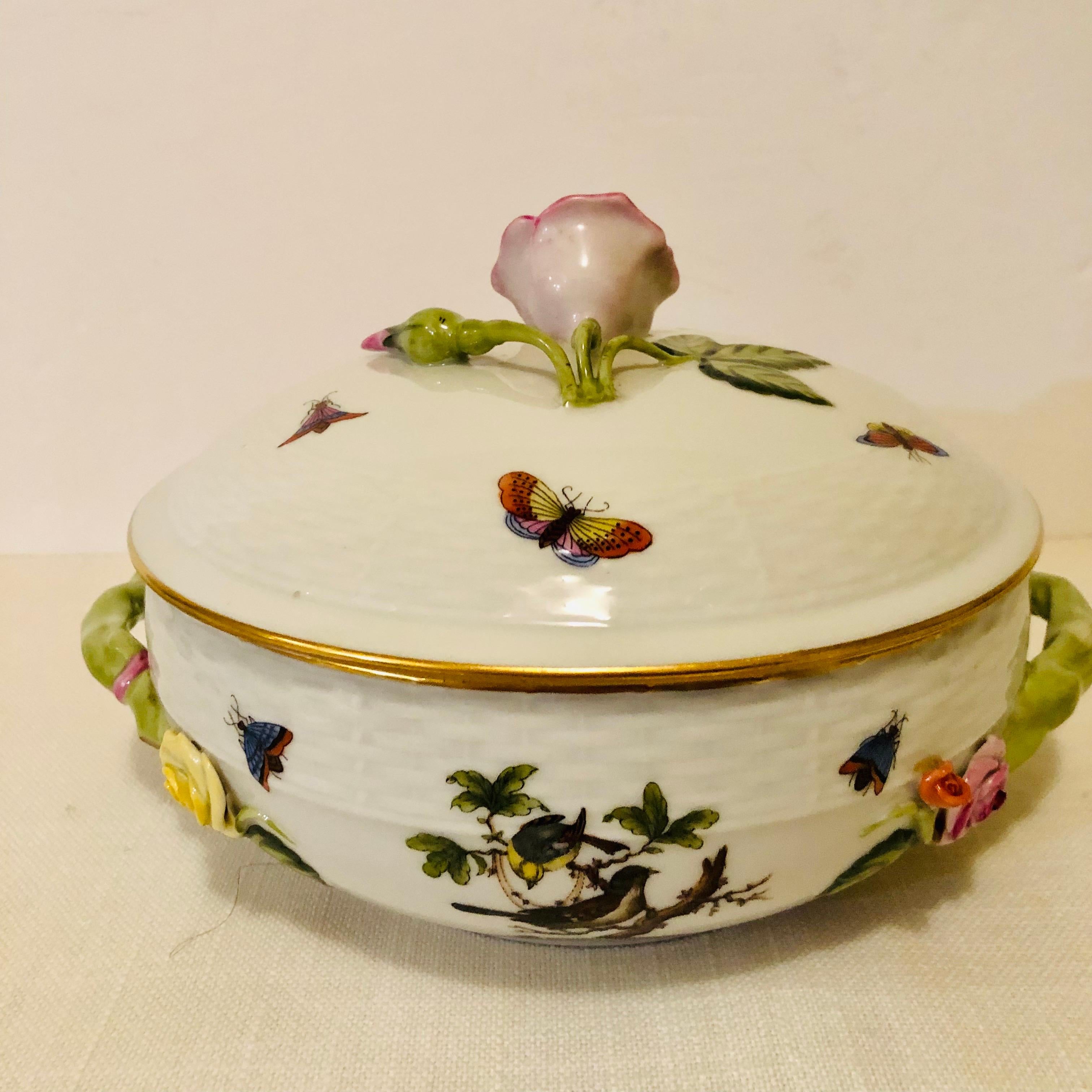 Romantic Herend Rothschild Bird Covered Bowl with Raised Pink Rose and Rose Bud on Cover