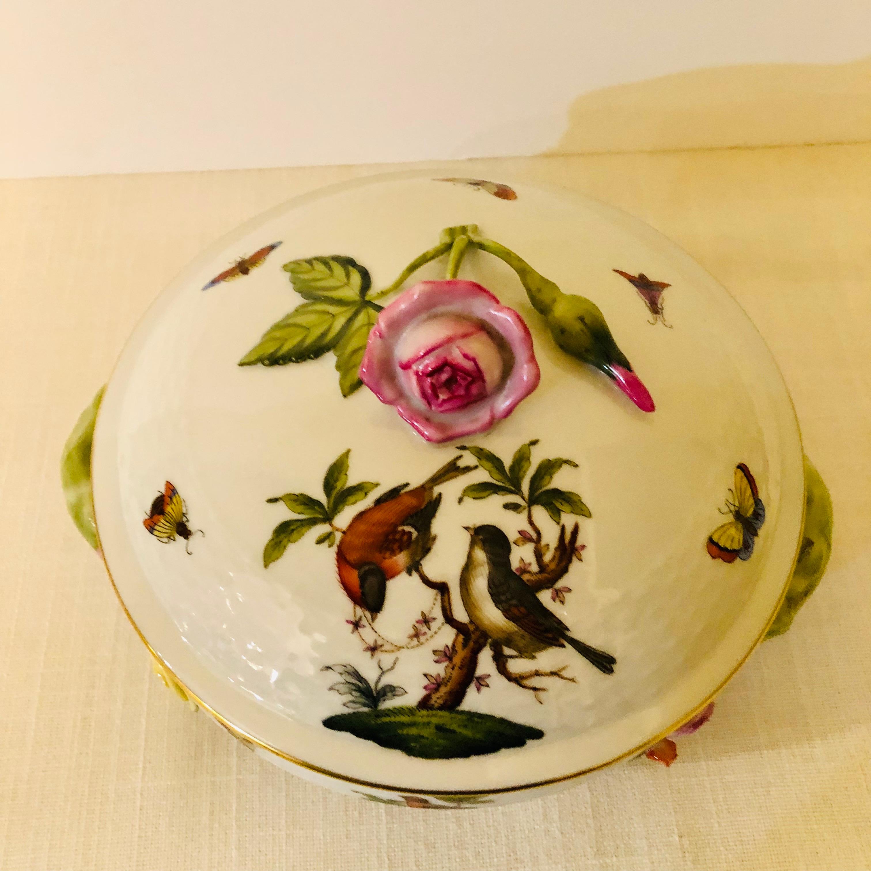 Hungarian Herend Rothschild Bird Covered Bowl with Raised Pink Rose and Rose Bud on Cover