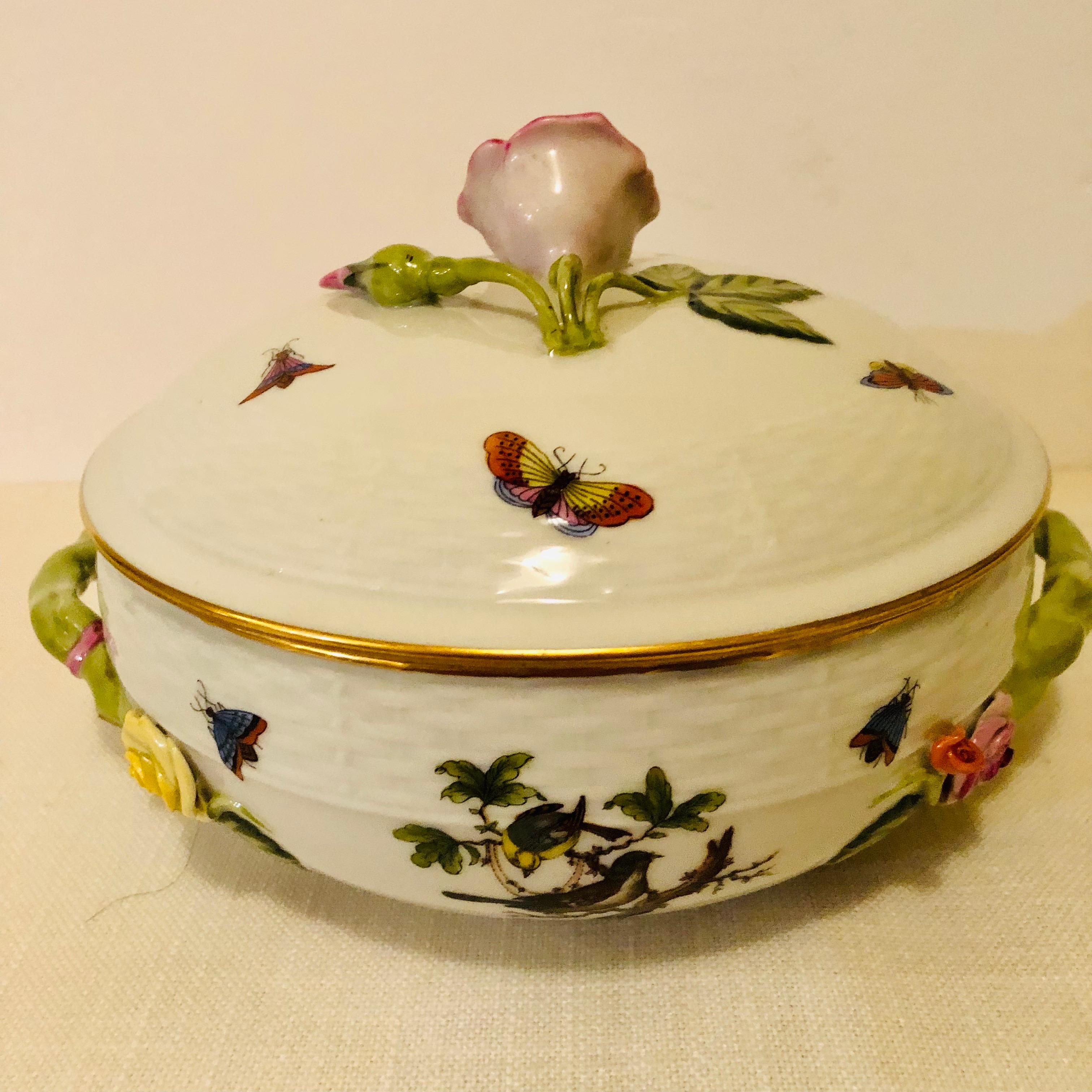 Hand-Painted Herend Rothschild Bird Covered Bowl with Raised Pink Rose and Rose Bud on Cover
