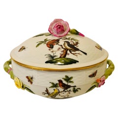 Herend Rothschild Bird Covered Bowl with Raised Pink Rose and Rose Bud on Cover
