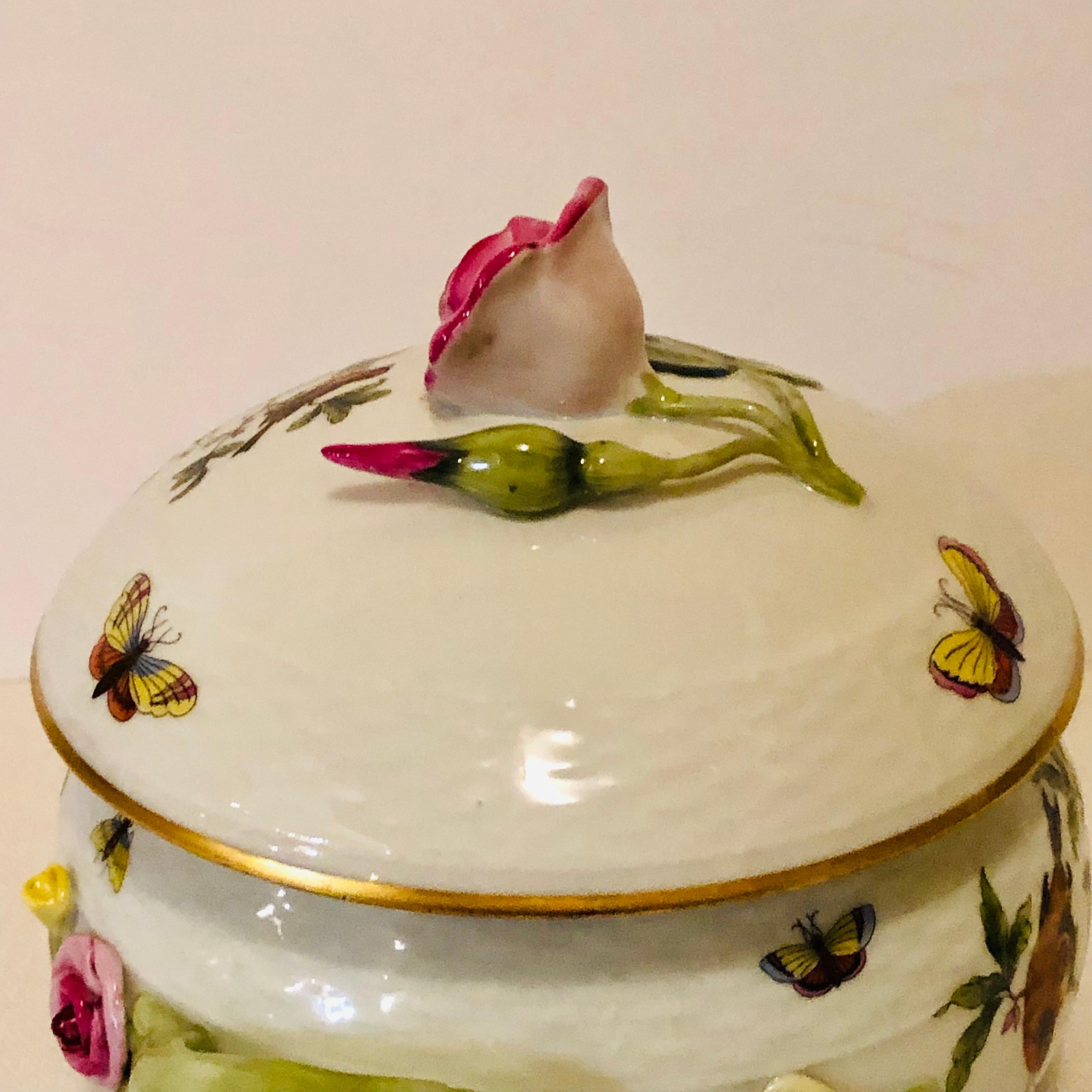 Late 20th Century Herend Rothschild Bird Covered Bowl with Raised Pink Rose and Rose Bud on Top