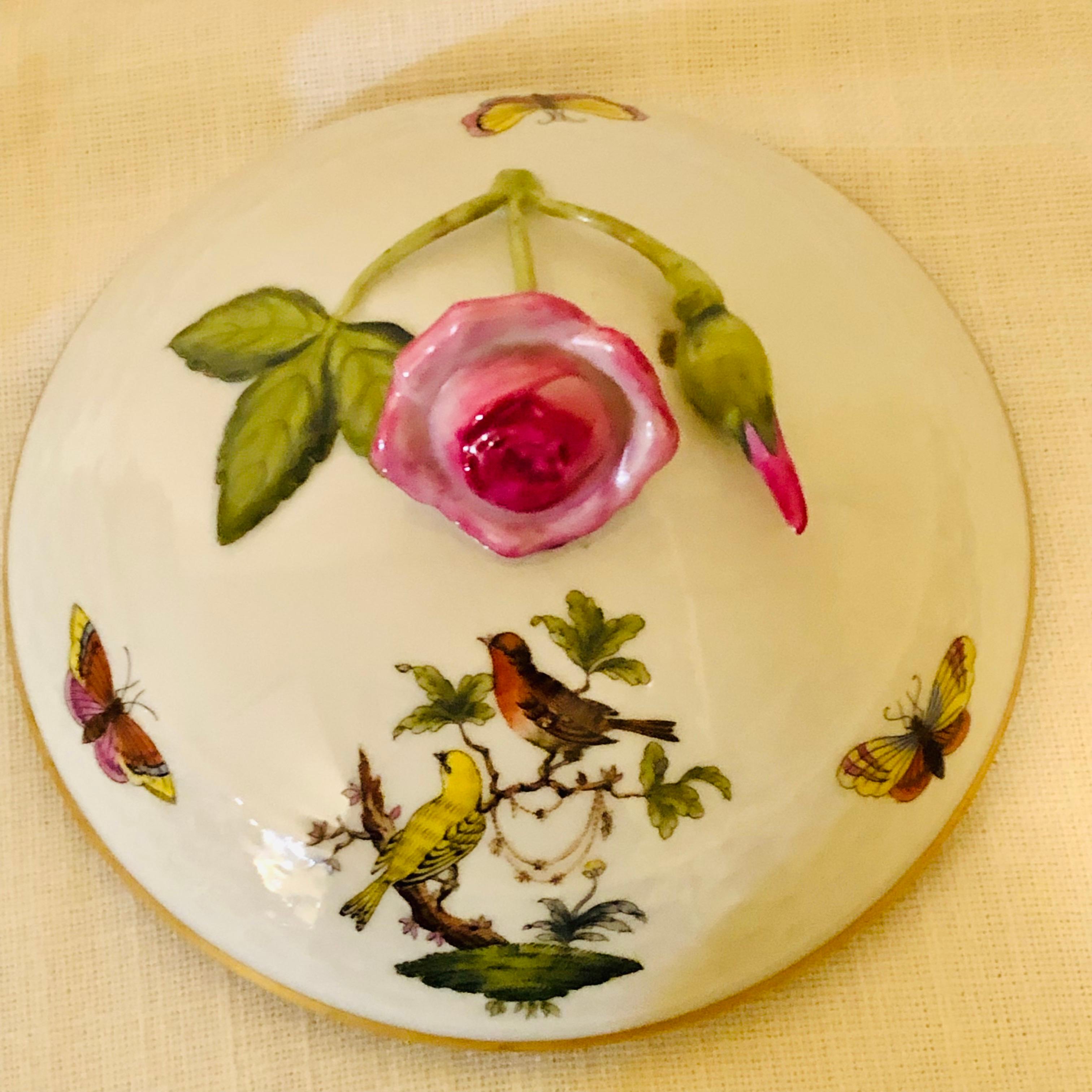Porcelain Herend Rothschild Bird Covered Bowl with Raised Pink Rose and Rose Bud on Top
