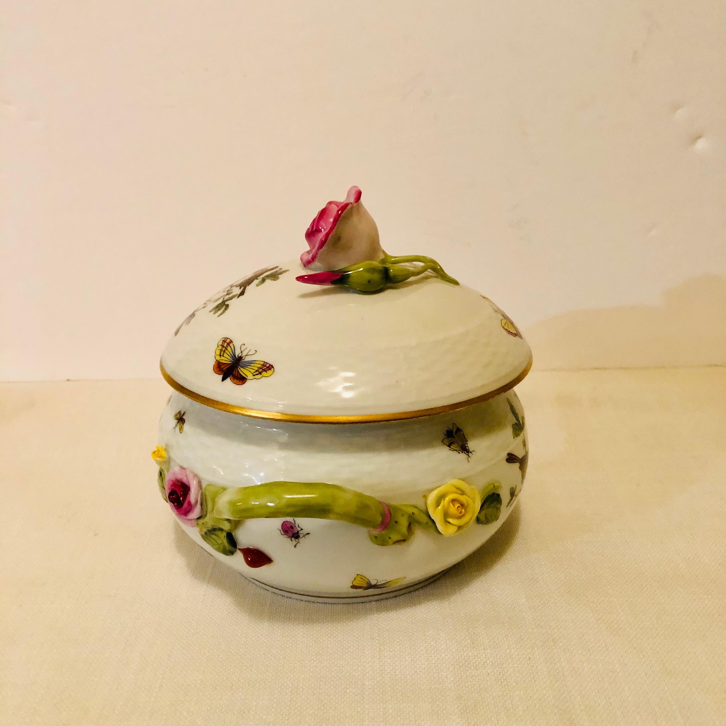 Herend Rothschild Bird Covered Bowl with Raised Pink Rose and Rose Bud on Top 1