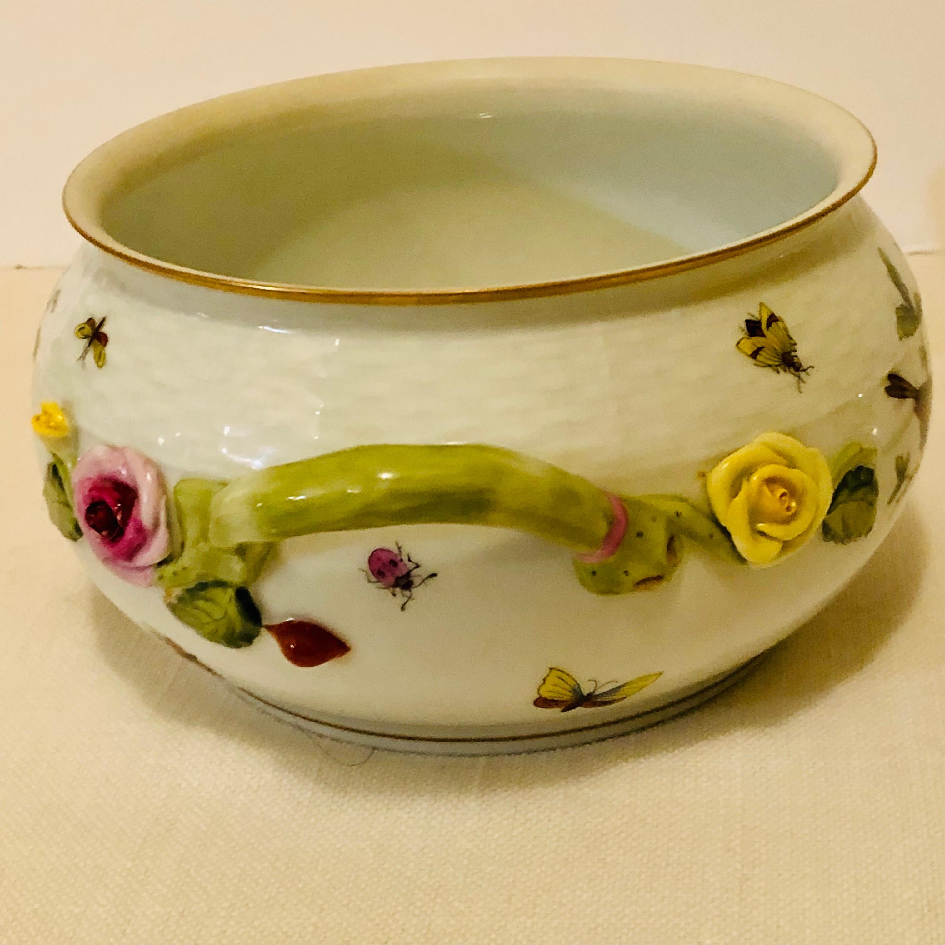Herend Rothschild Bird Covered Bowl with Raised Pink Rose and Rose Bud on Top 3