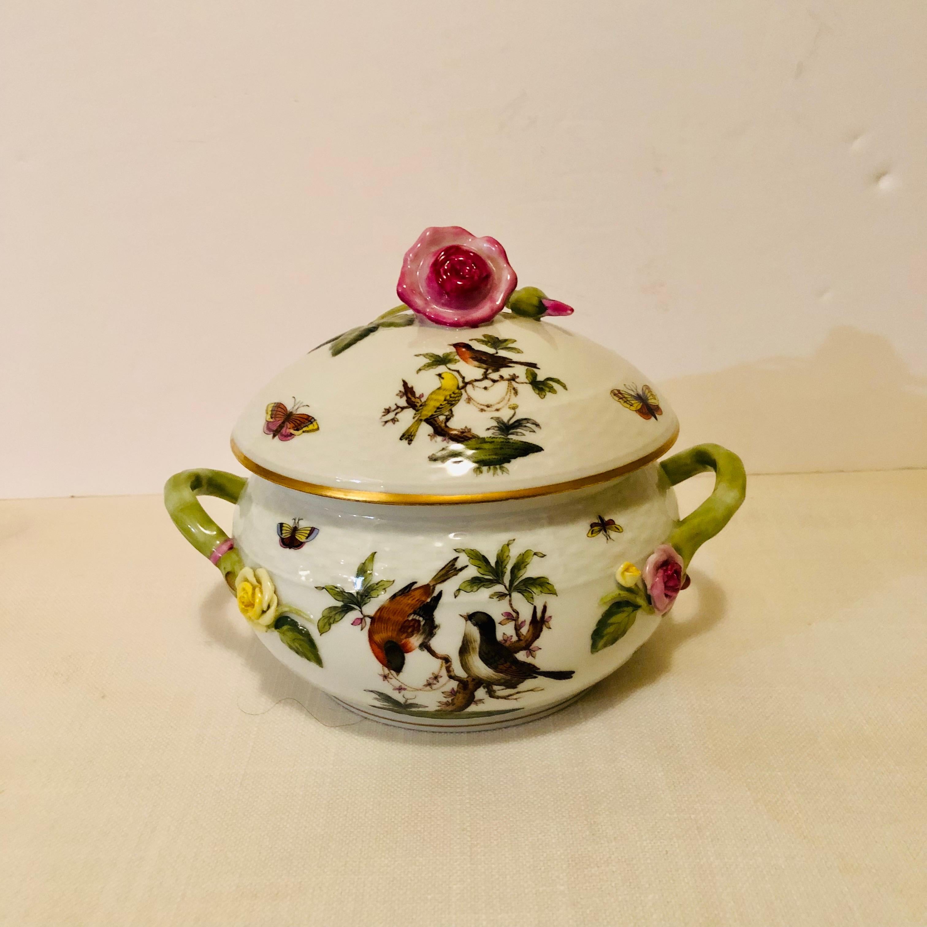 Romantic Herend Rothschild Bird Covered Bowl with Raised Pink Rose and Rose Bud on Top