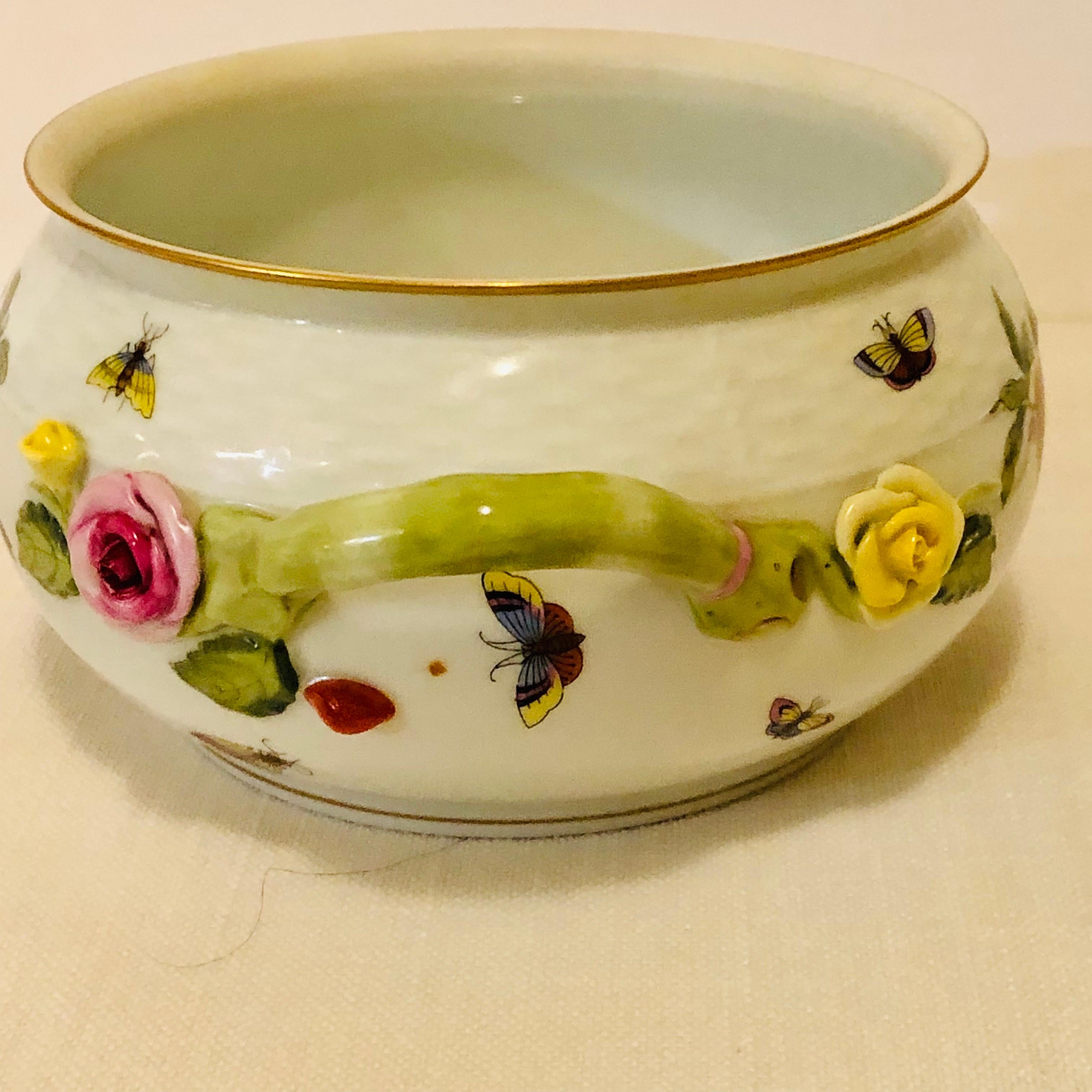 Hungarian Herend Rothschild Bird Covered Bowl with Raised Pink Rose and Rose Bud on Top