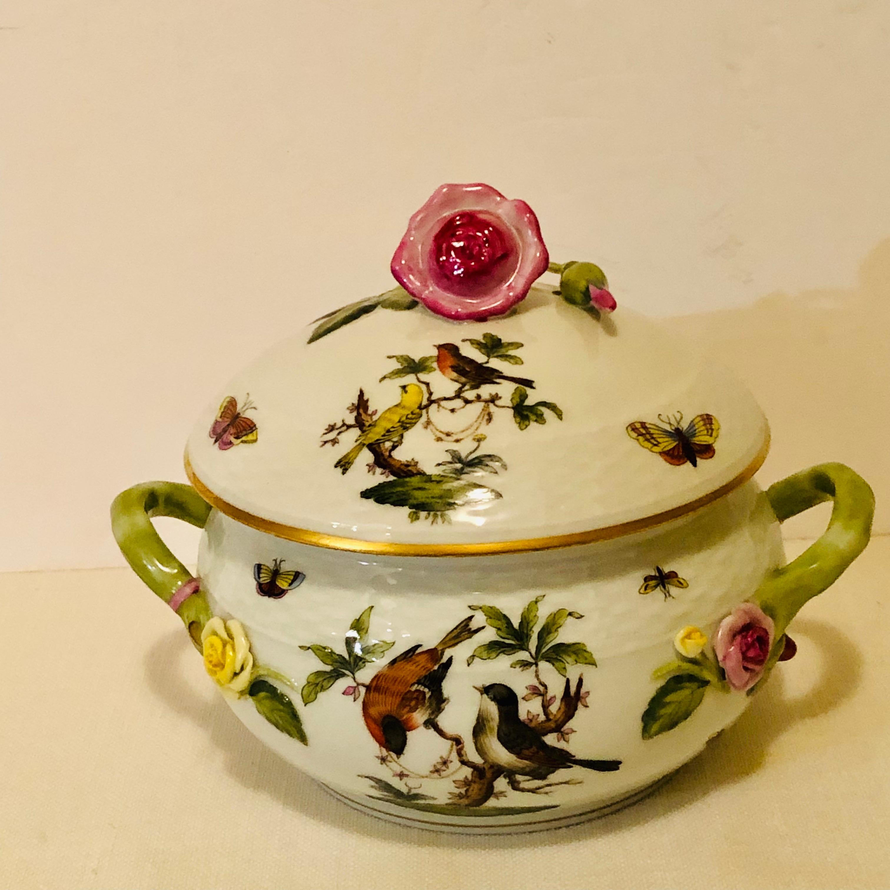 Hand-Painted Herend Rothschild Bird Covered Bowl with Raised Pink Rose and Rose Bud on Top