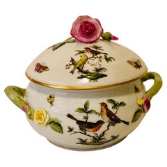 Herend Rothschild Bird Covered Bowl with Raised Pink Rose and Rose Bud on Top