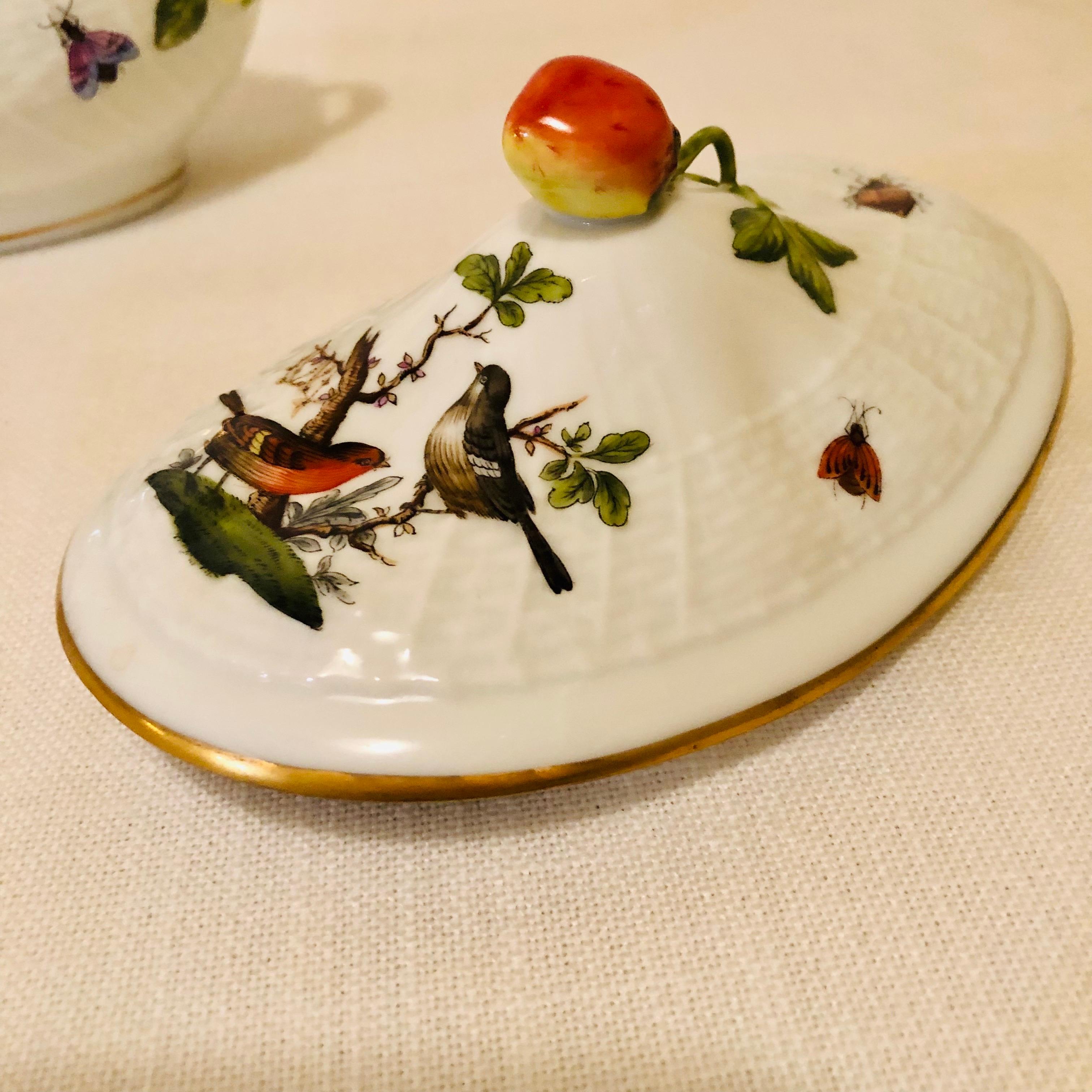 Romantic Herend Rothschild Bird Covered Sauceboat with Raised Strawberry on the Cover