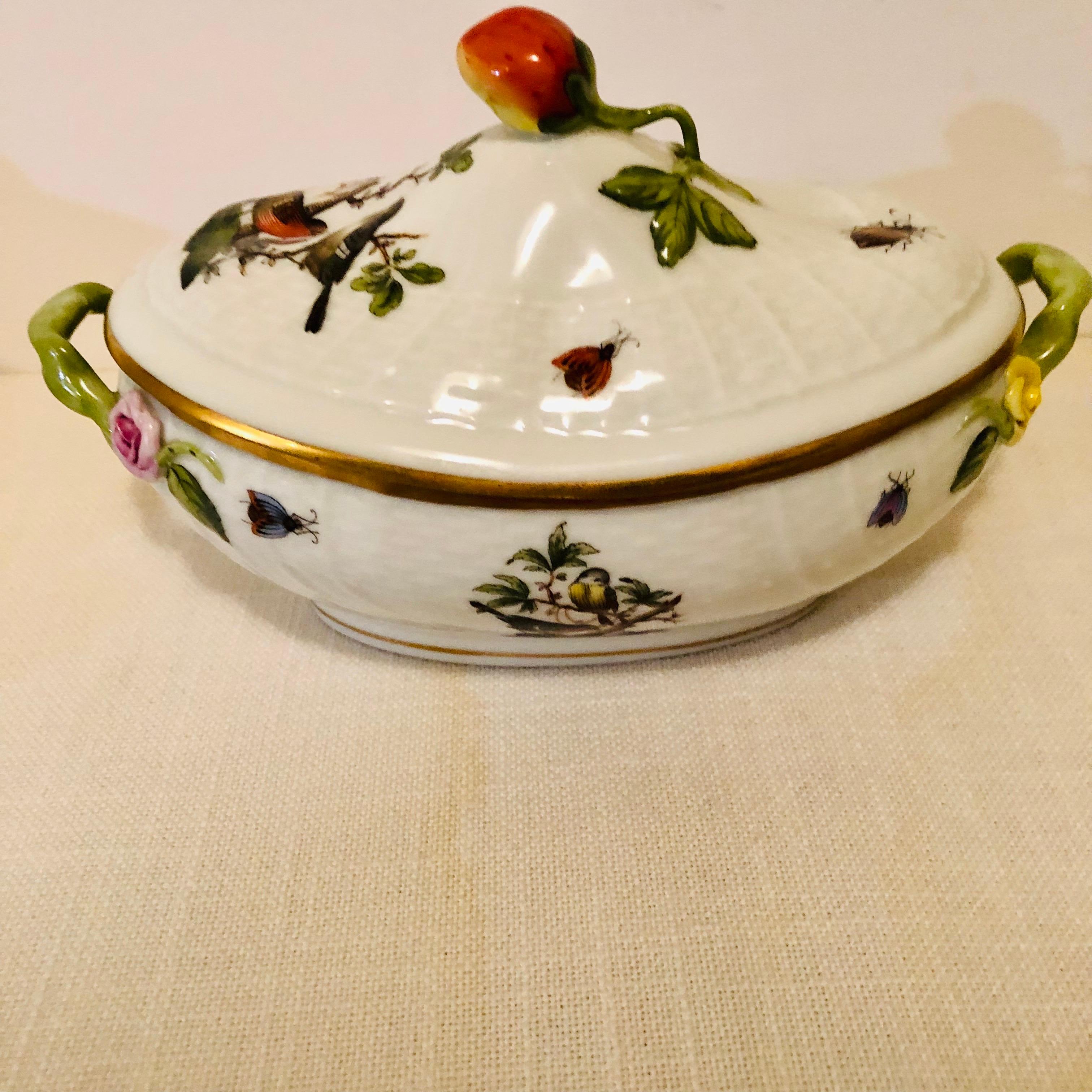Hungarian Herend Rothschild Bird Covered Sauceboat with Raised Strawberry on the Cover