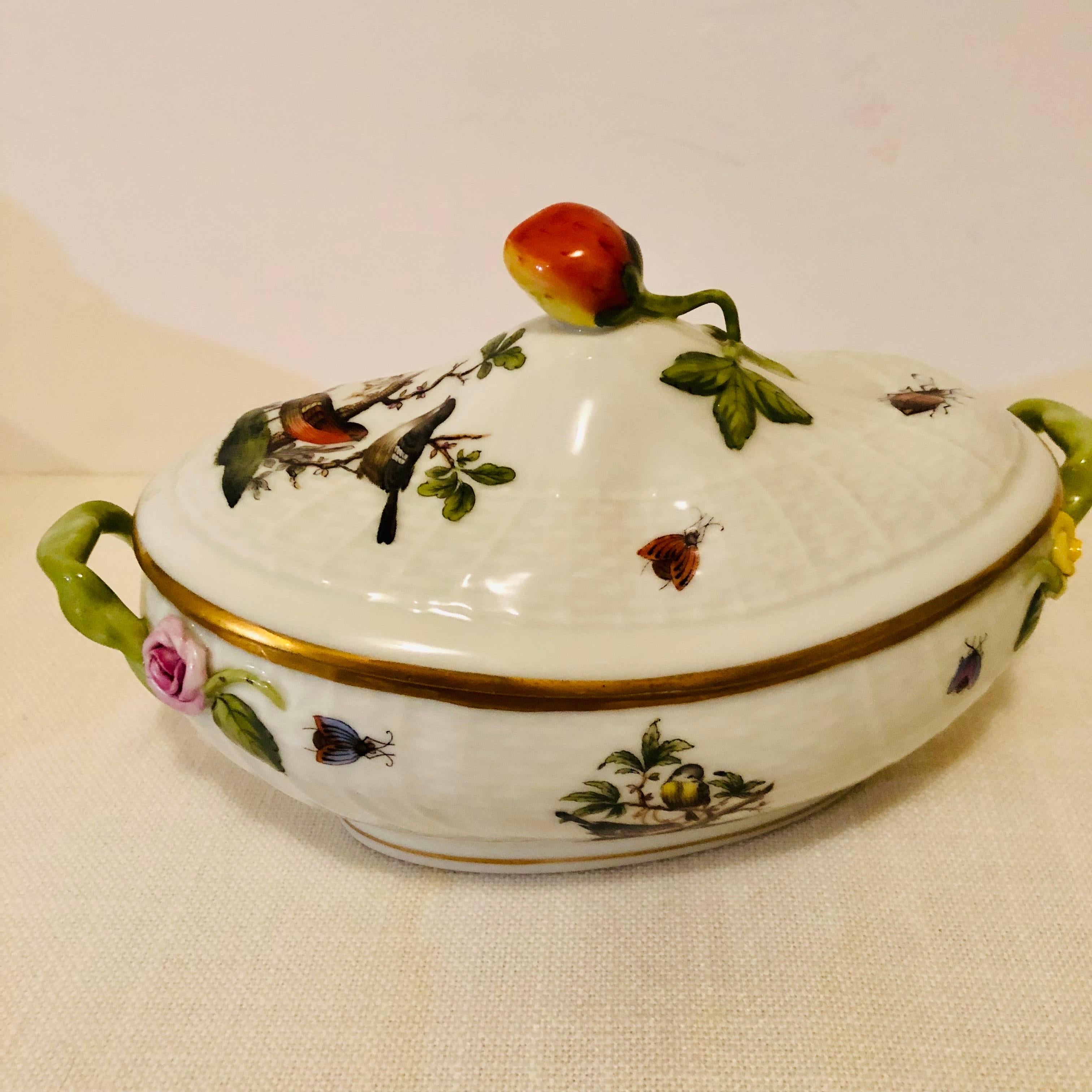 Hand-Painted Herend Rothschild Bird Covered Sauceboat with Raised Strawberry on the Cover