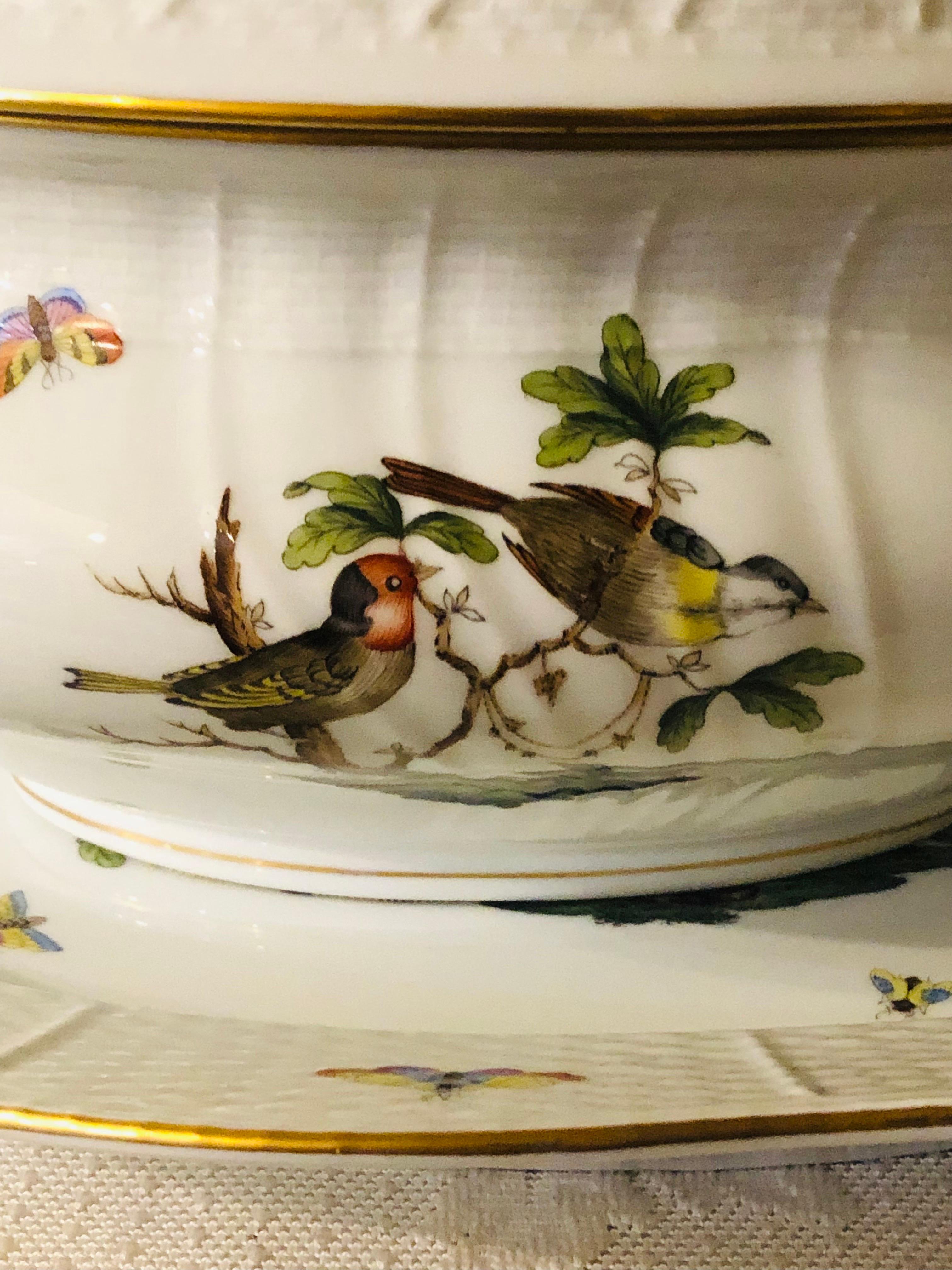Sopera Herend Rothschild Bird de gran tamaño con asa de limón y bandeja grande Pintado a mano