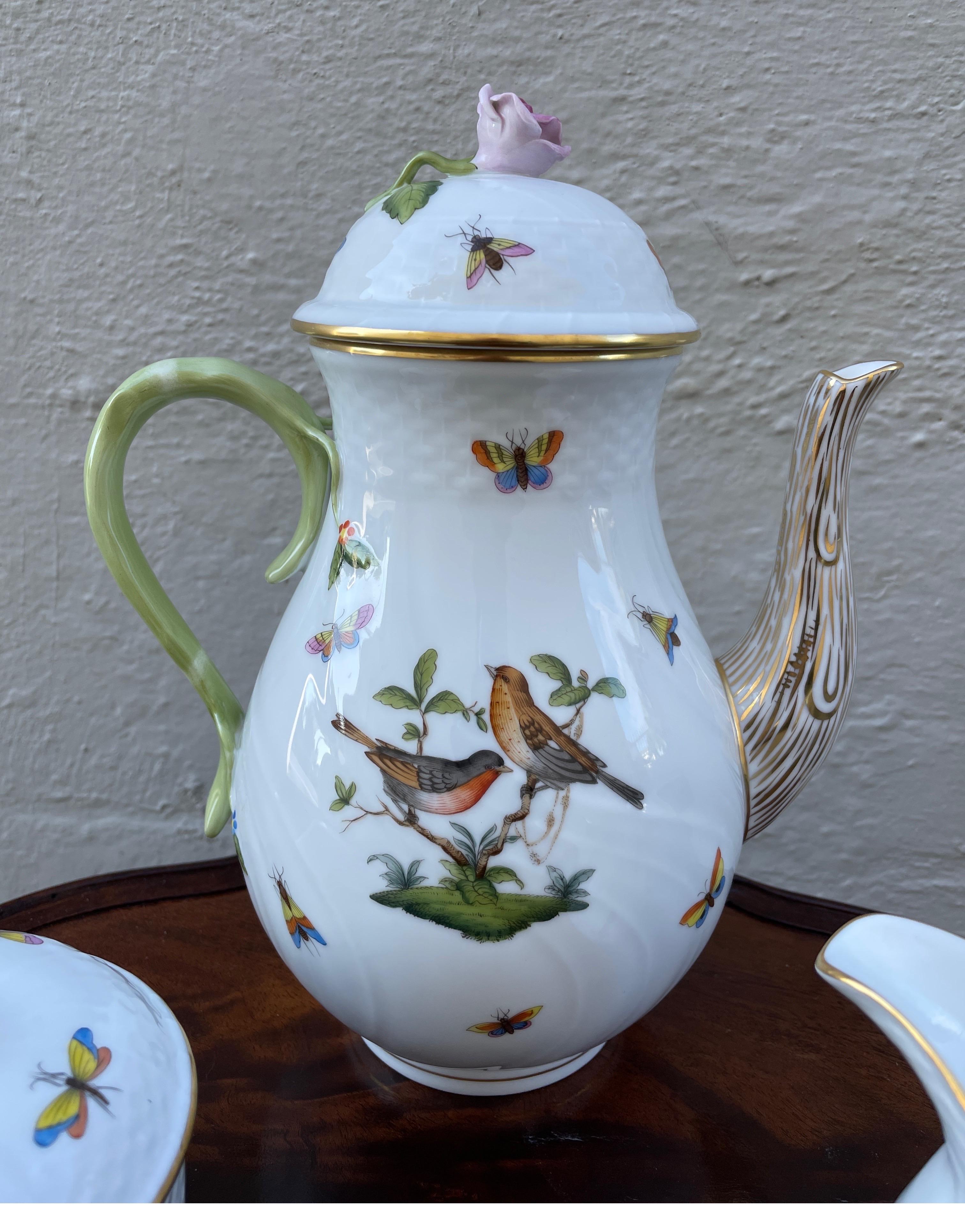 Hungarian Herend Rothschild Bird Pattern Coffee Pot with Matching Creamer & Sugar Bowl
