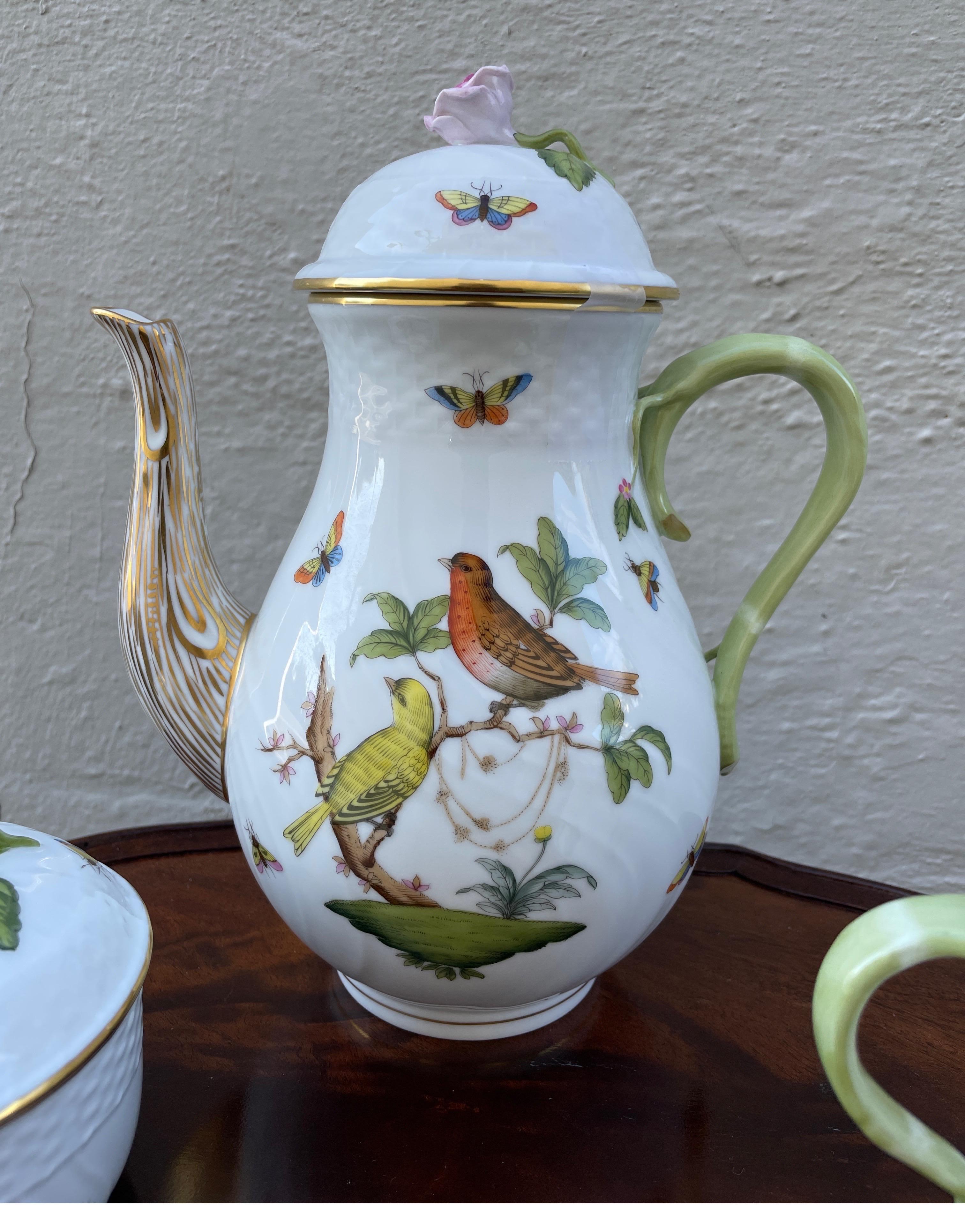Herend Rothschild Bird Pattern Coffee Pot with Matching Creamer & Sugar Bowl 2