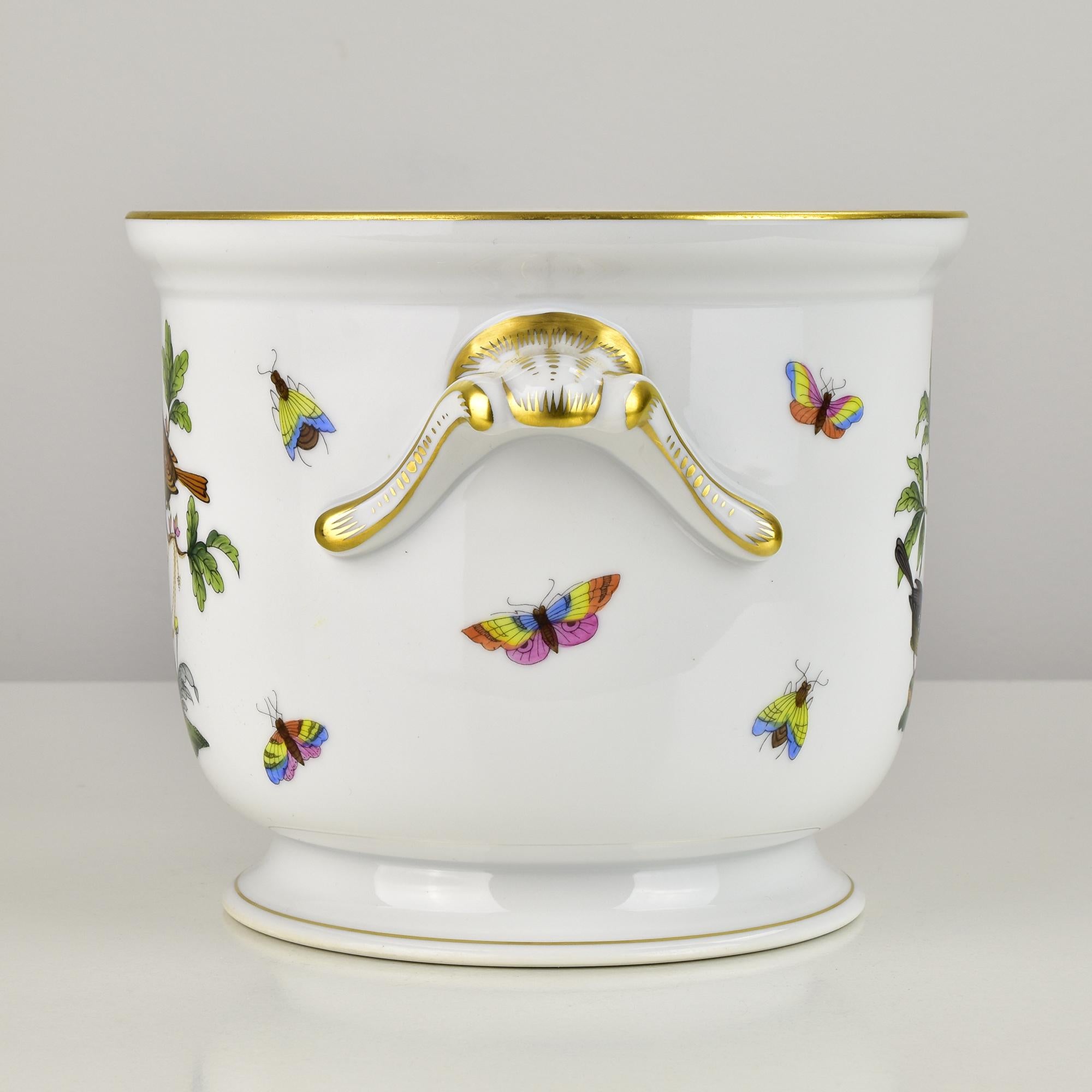 Rococo Revival Herend Rothschild Bird Porcelain Cachepot with Gilded Handles and Butterflies For Sale