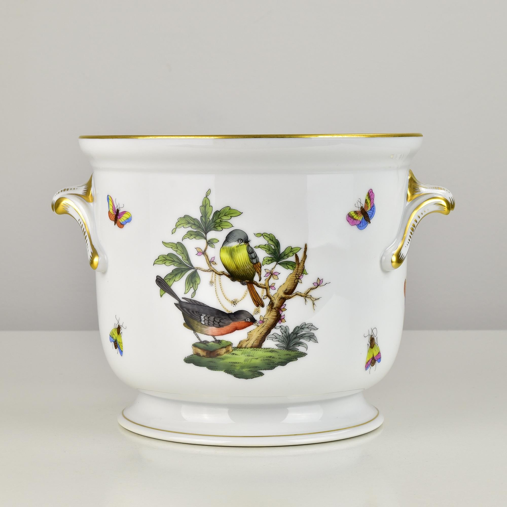 Hungarian Herend Rothschild Bird Porcelain Cachepot with Gilded Handles and Butterflies For Sale