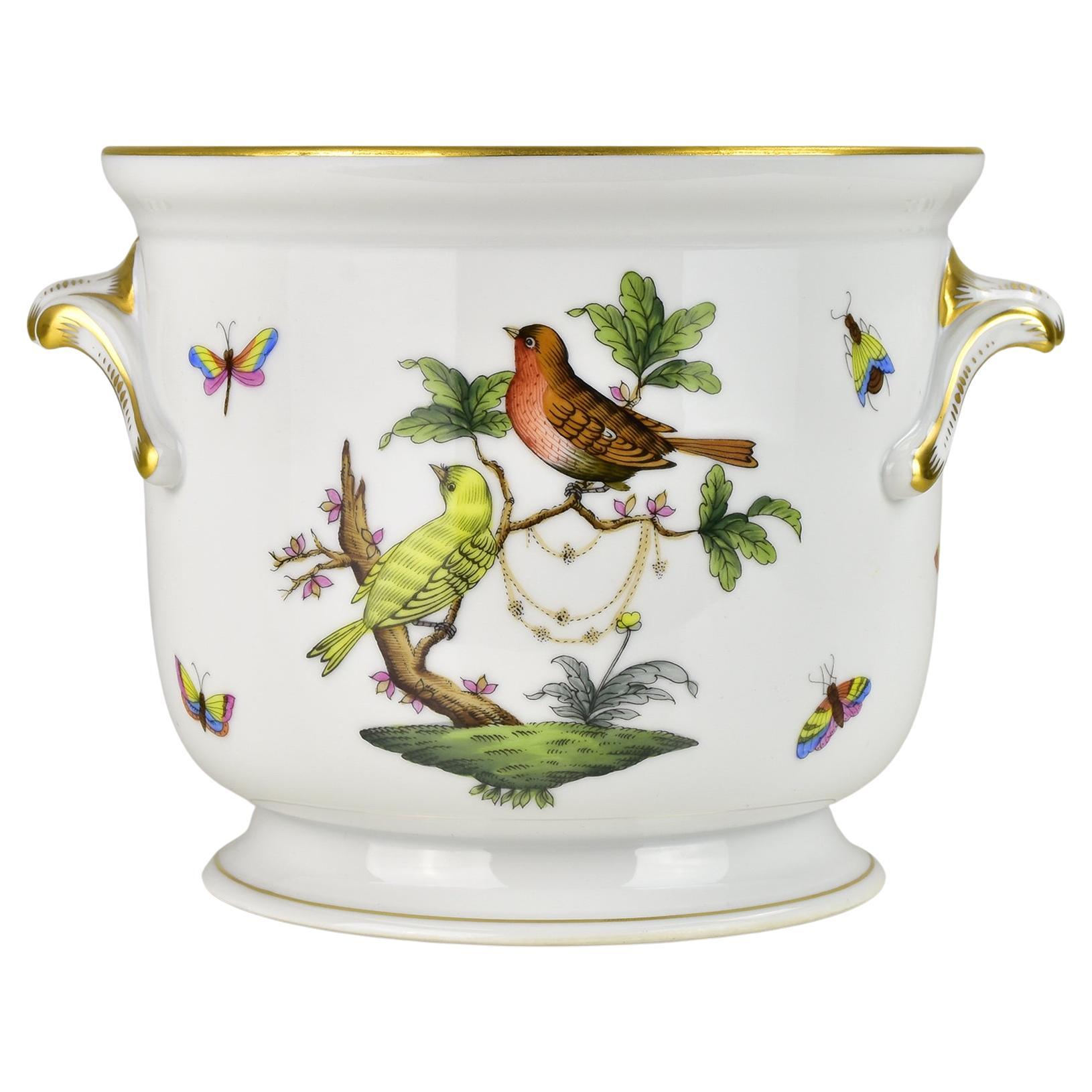 Herend Rothschild Bird Porcelain Cachepot with Gilded Handles and Butterflies