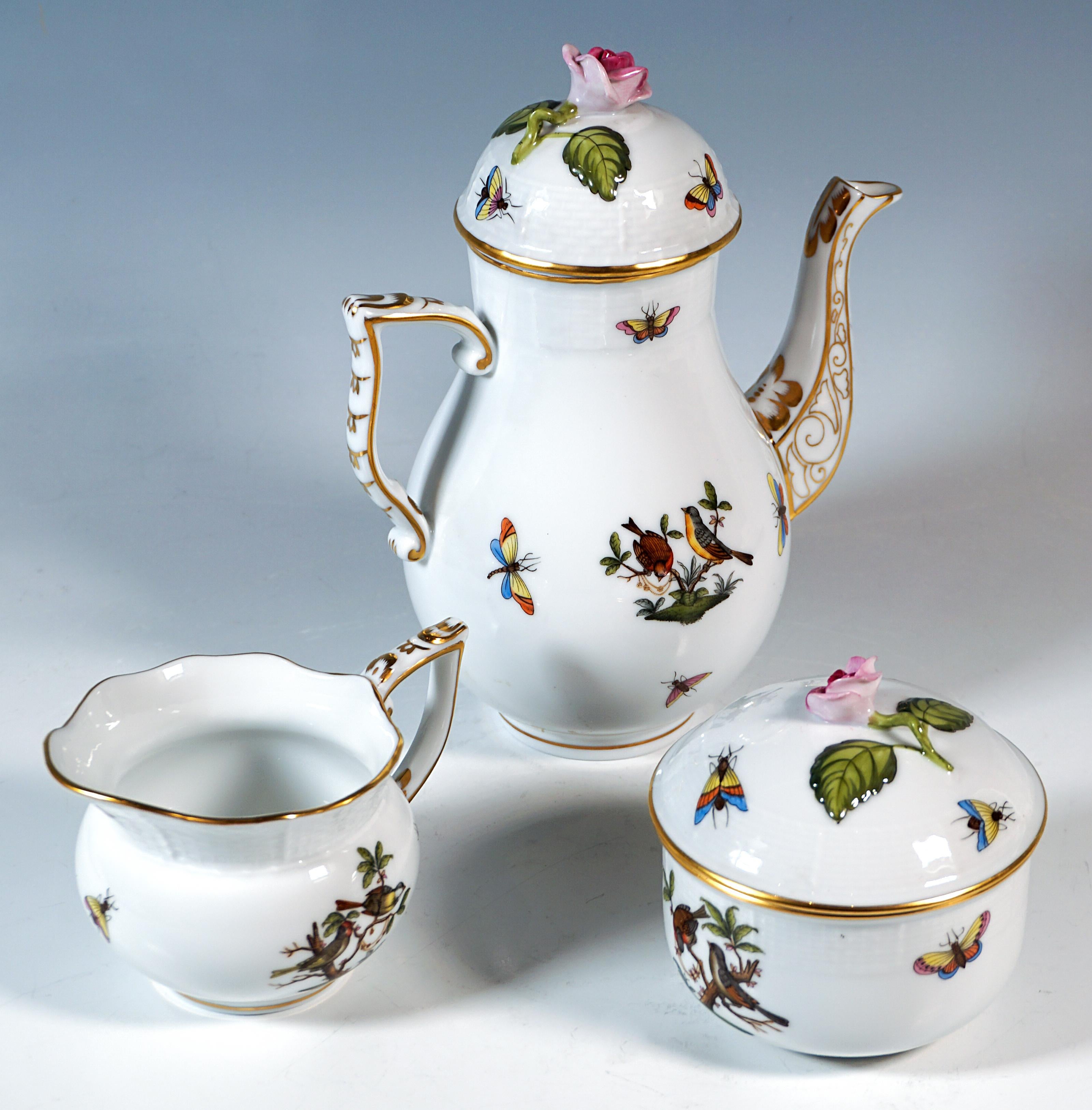 Baroque Herend Rothschild Oiseaux Mocha et service à dessert pour 6 personnes, Hongrie, 20e siècle en vente