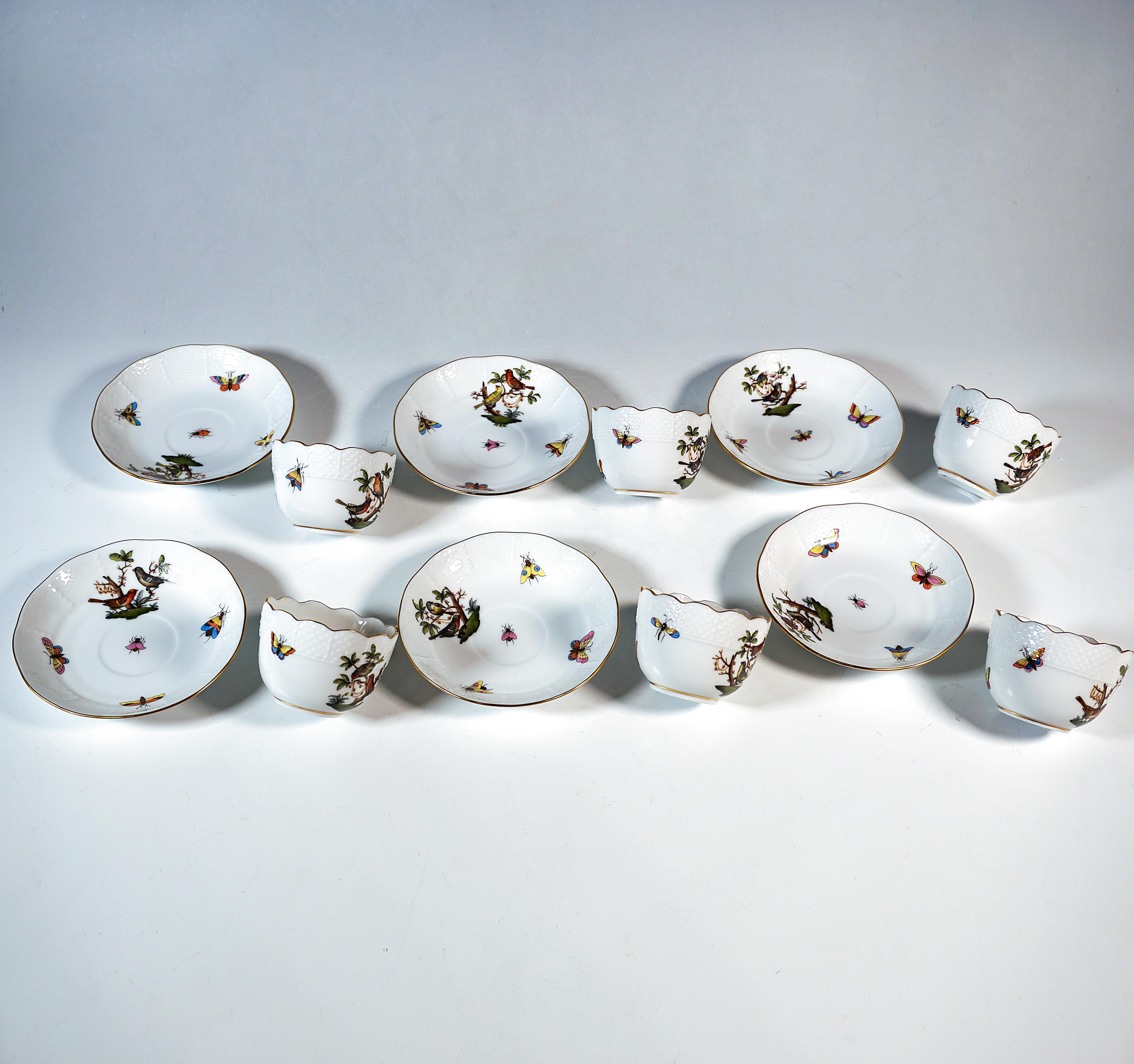 Peint Herend Rothschild Oiseaux Mocha et service à dessert pour 6 personnes, Hongrie, 20e siècle en vente