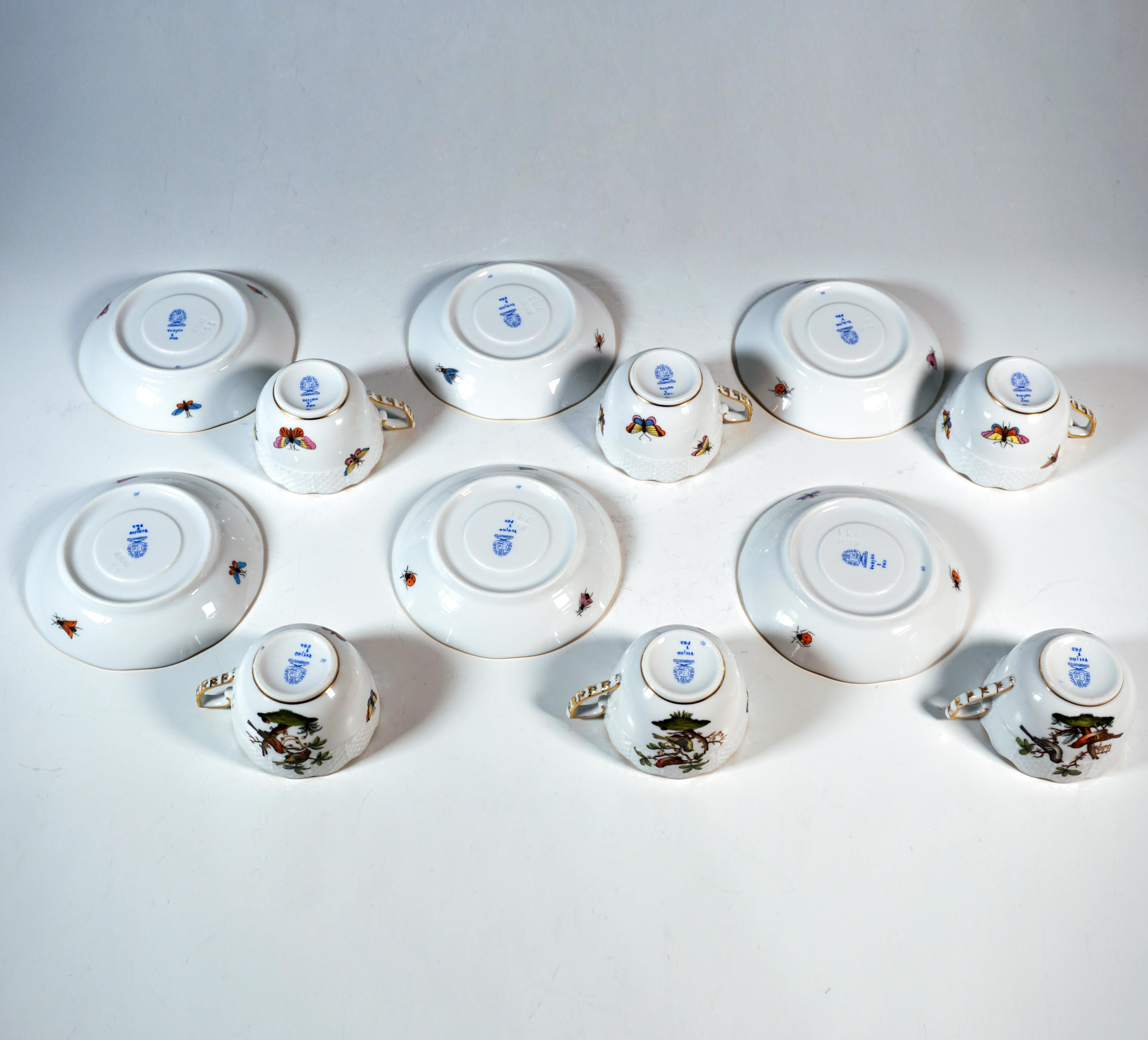 Herend Rothschild Oiseaux Mocha et service à dessert pour 6 personnes, Hongrie, 20e siècle Bon état - En vente à Vienna, AT