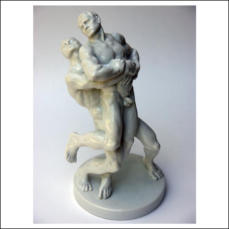 Herend Figurative Sculpture - WRESTLERS 1936 Olympics Porcelain Gay Mid-Century Art Deco Modernist LGBT