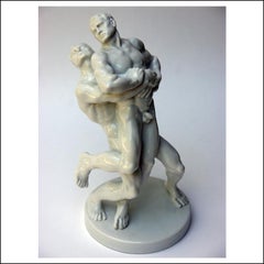 LUTTEURS Jeux Olympiques de 1936 Porcelaine Gay Milieu du siècle Art déco Moderniste LGBT