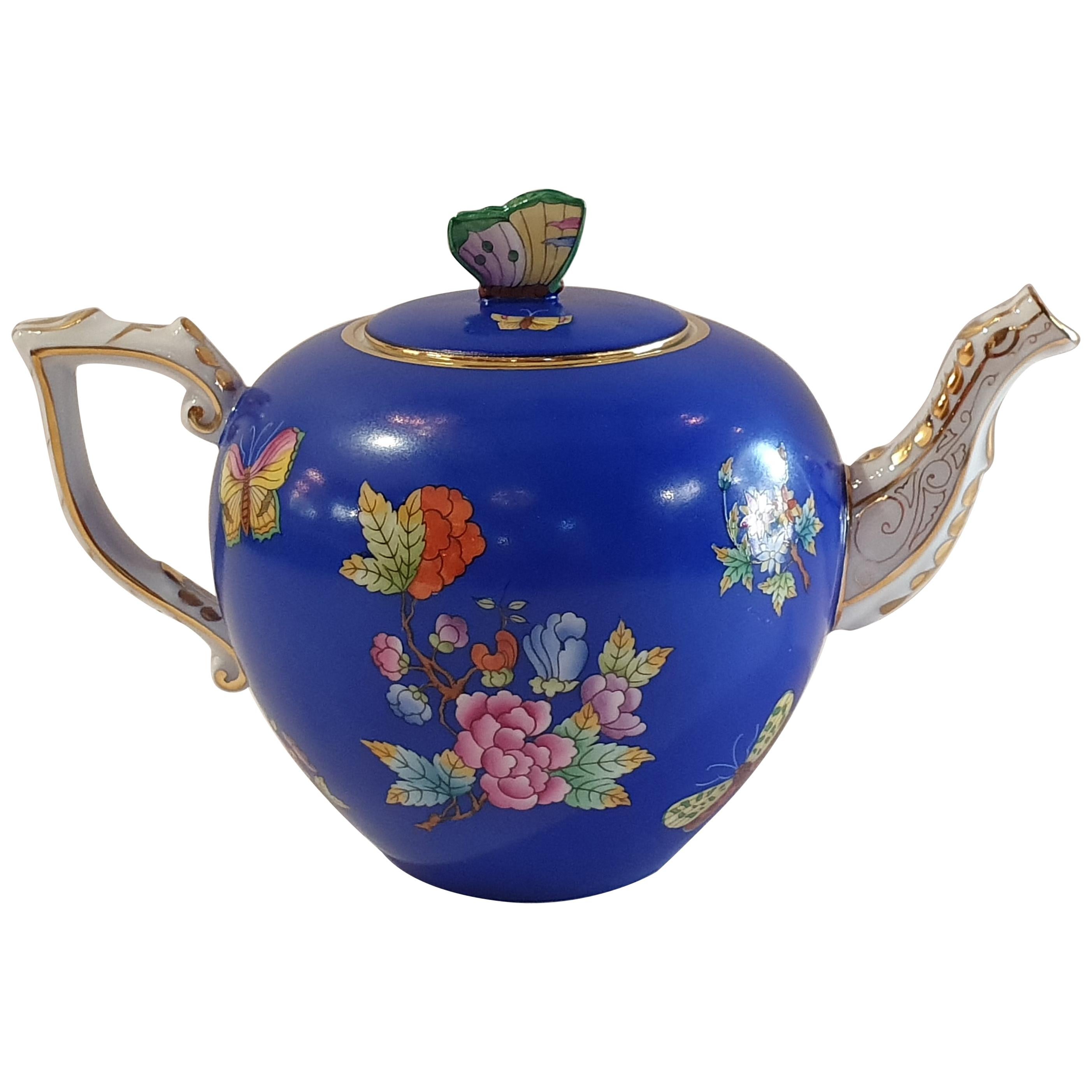 Herend "Victoria" Hand Painted Blue Teapot, Hungary, Modern