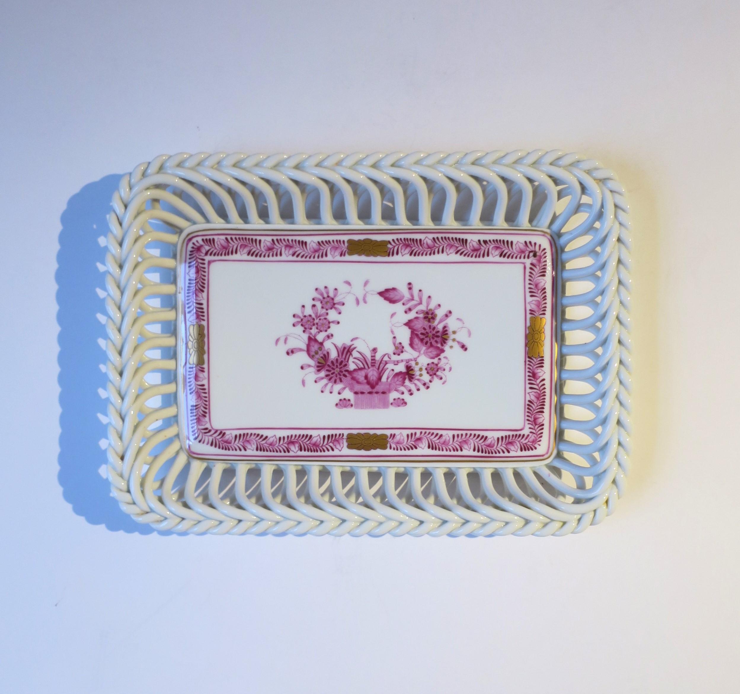 Hungarian Herend White Porcelain Tray Dish Vide-Poche with Pink and Gold Detail For Sale