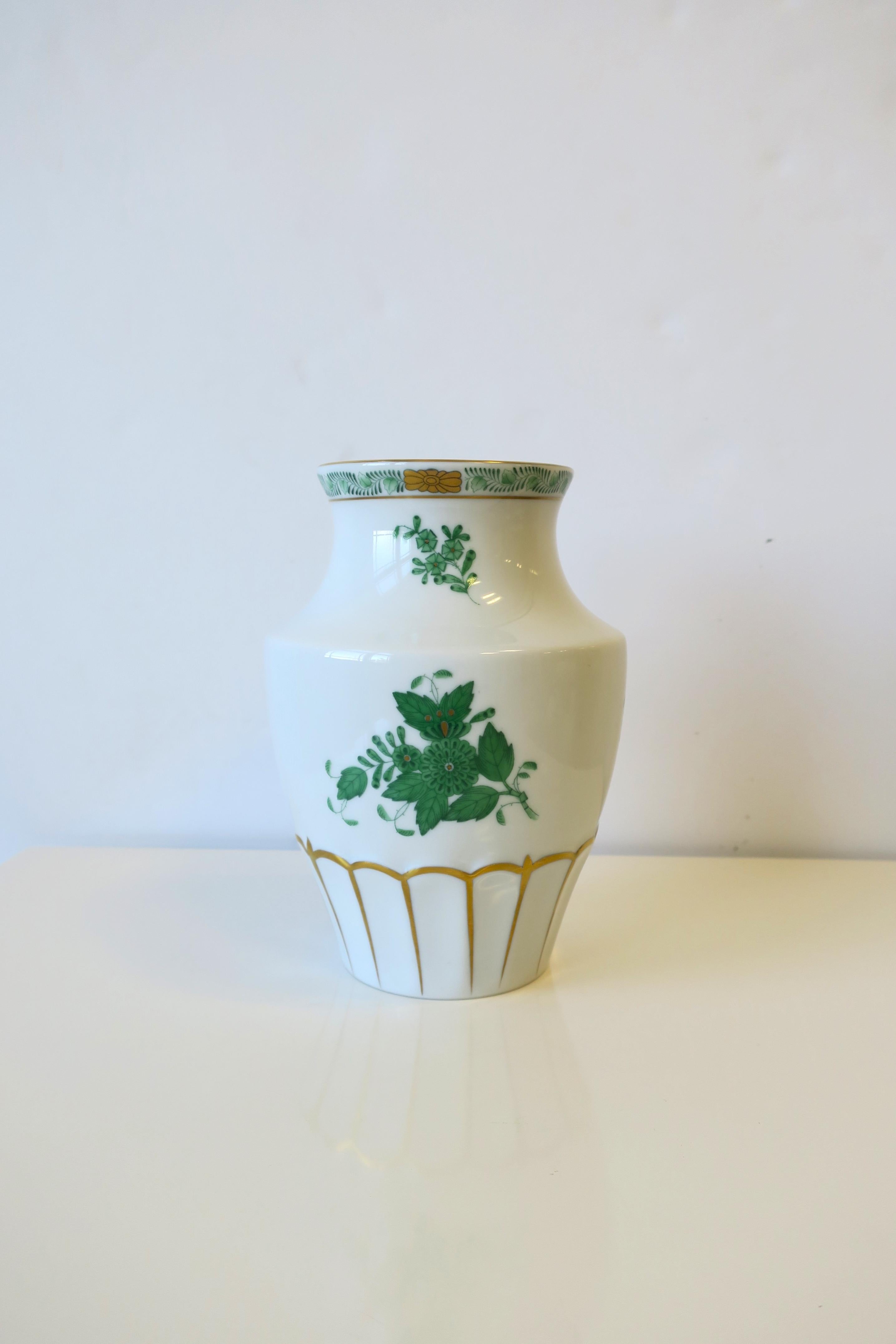 Hungarian Herend White Porcelain Vase with Green and Gold Design