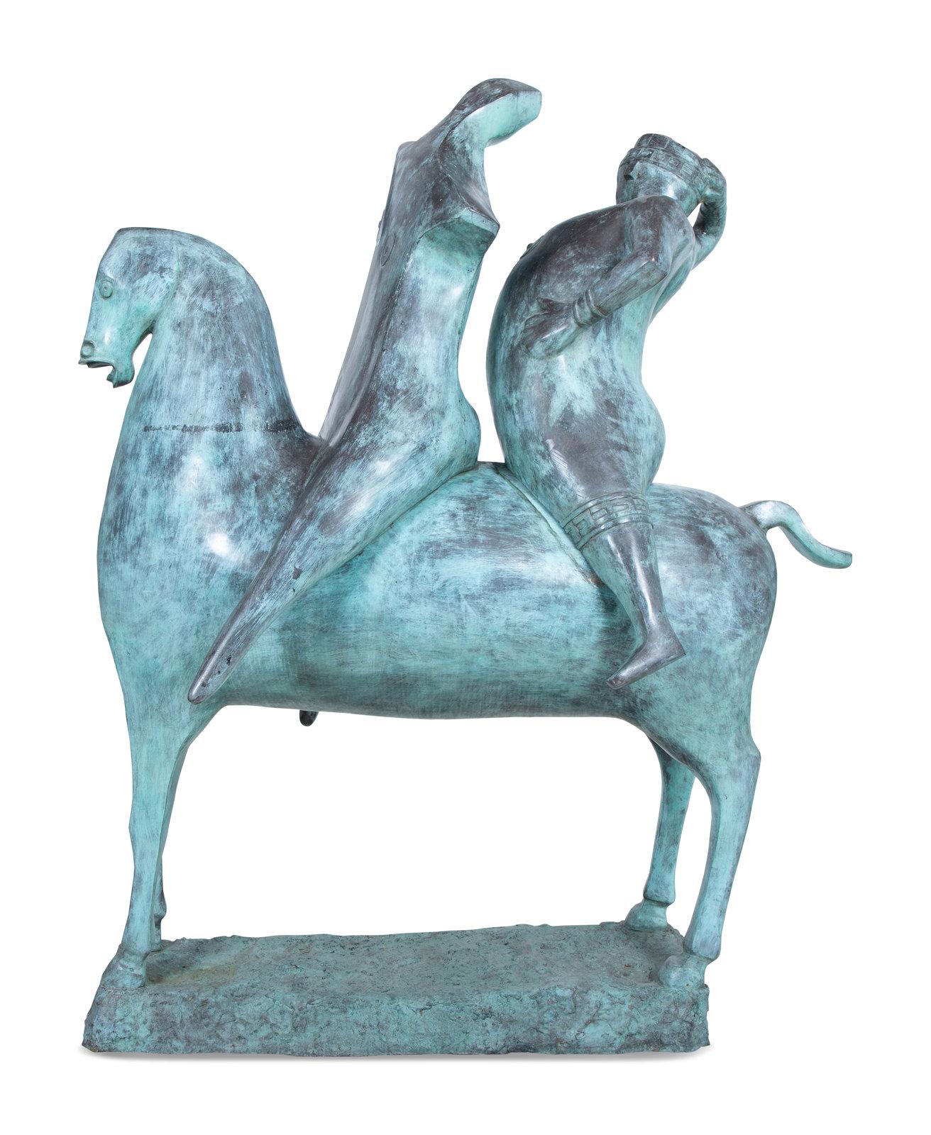 Heriberto Juárez Figurative Sculpture –  Pferd mit zwei Reitern Große Bronze-Skulptur 