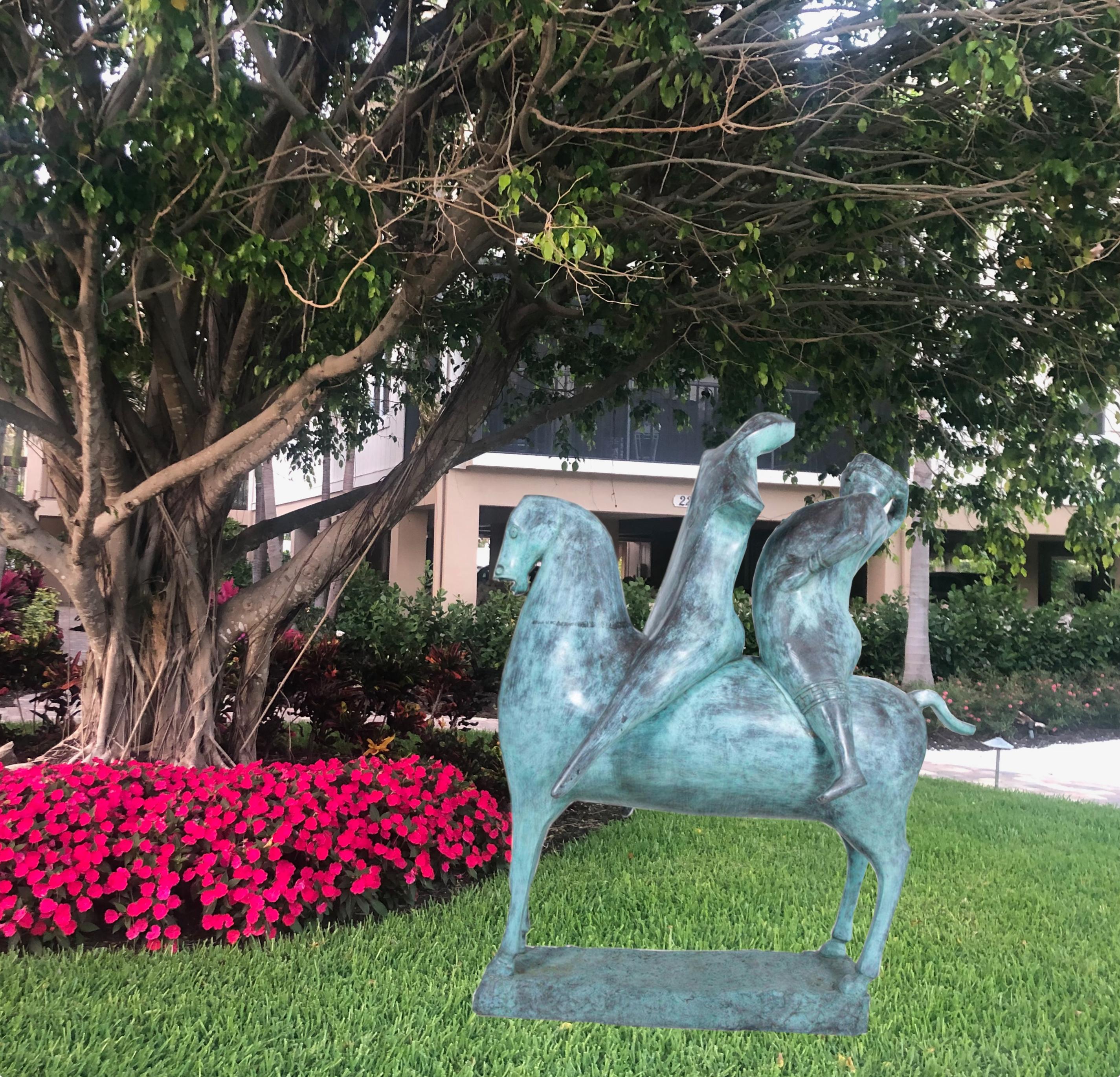 Horse With Two Riders 
Large Outdoor  Bronze Sculpture 1974 
Artist signed, edition 2/6. Light blue green patina.
Deaccessioned from the Boca Raton Museum of Art.
This is a stunning very large sculpture for indoor or outdoor. The sculpture is hollow