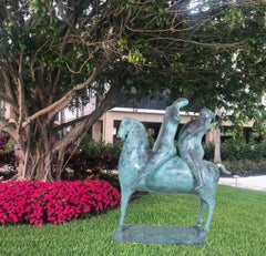 Large Horse With Two Riders Bronze Sculpture